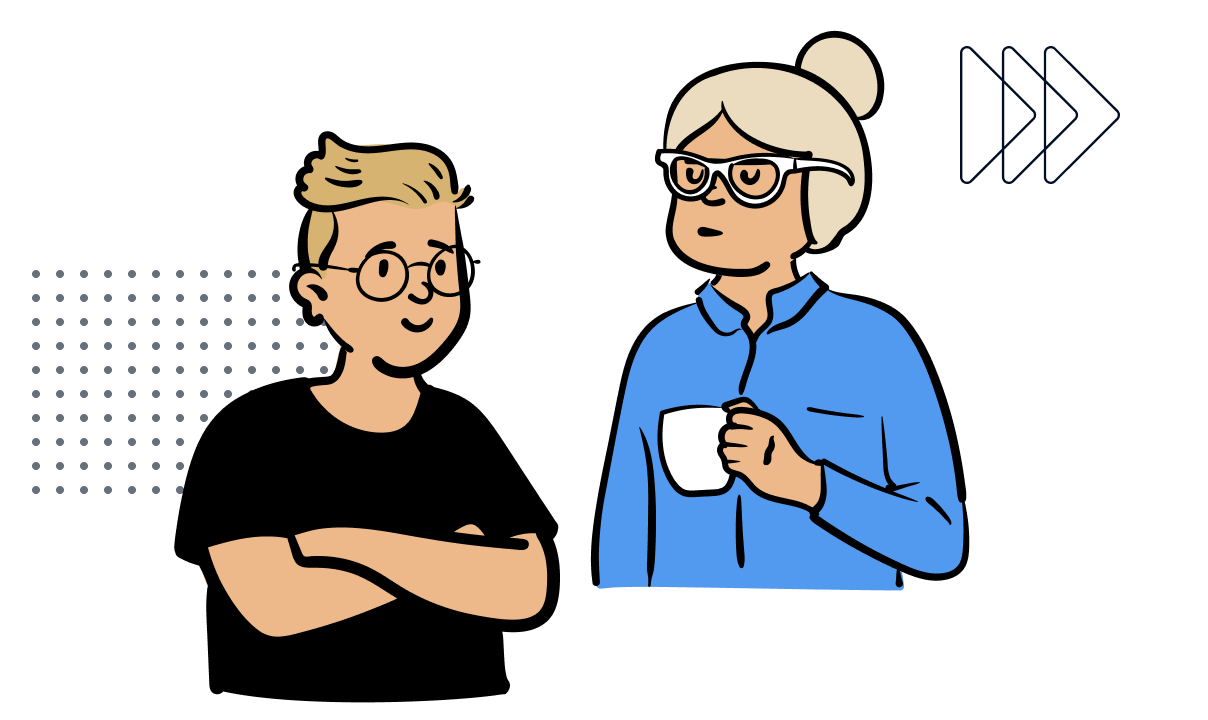 Illustration eines jungen Mannes mit Brille und blonden Haaren und einer älteren Frau mit Brille und blonden Haaren