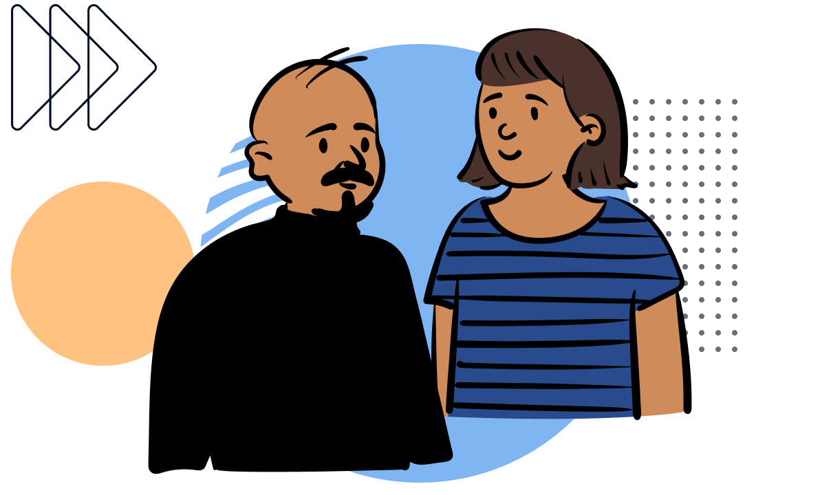 Illustration eines älteren Mannes mit Schnauzbart und Glatze und einer jungen Frau mit braunen kurzen Haaren