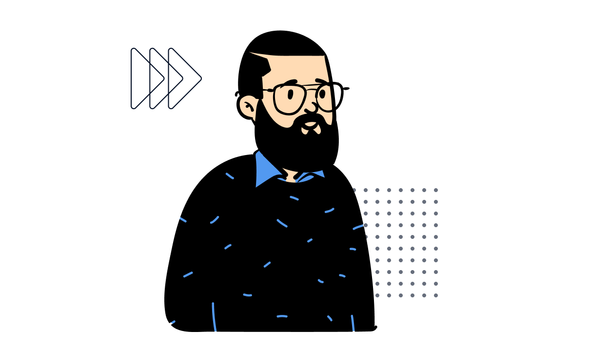 Illustration eines älteren Mannes mit schwarzem Vollbart und Brille