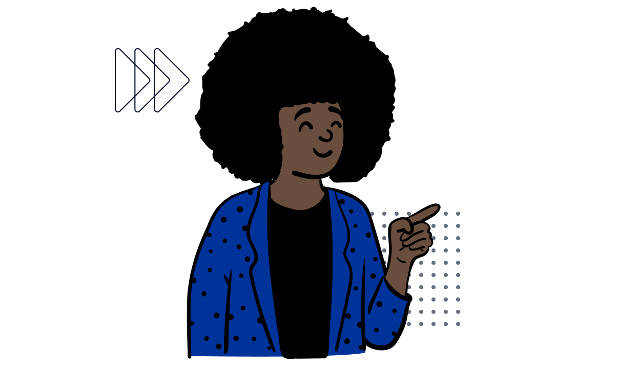 Illustration einer älteren dunkelhäutigen Frau mit schwarzen Haaren und einer blauen Jacke