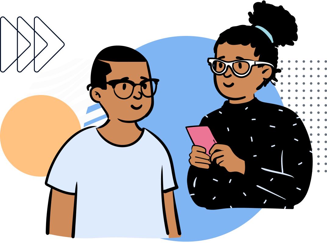 Illustration einer jungen Frau mit Handy und eines jungen Mannes im Gespräch