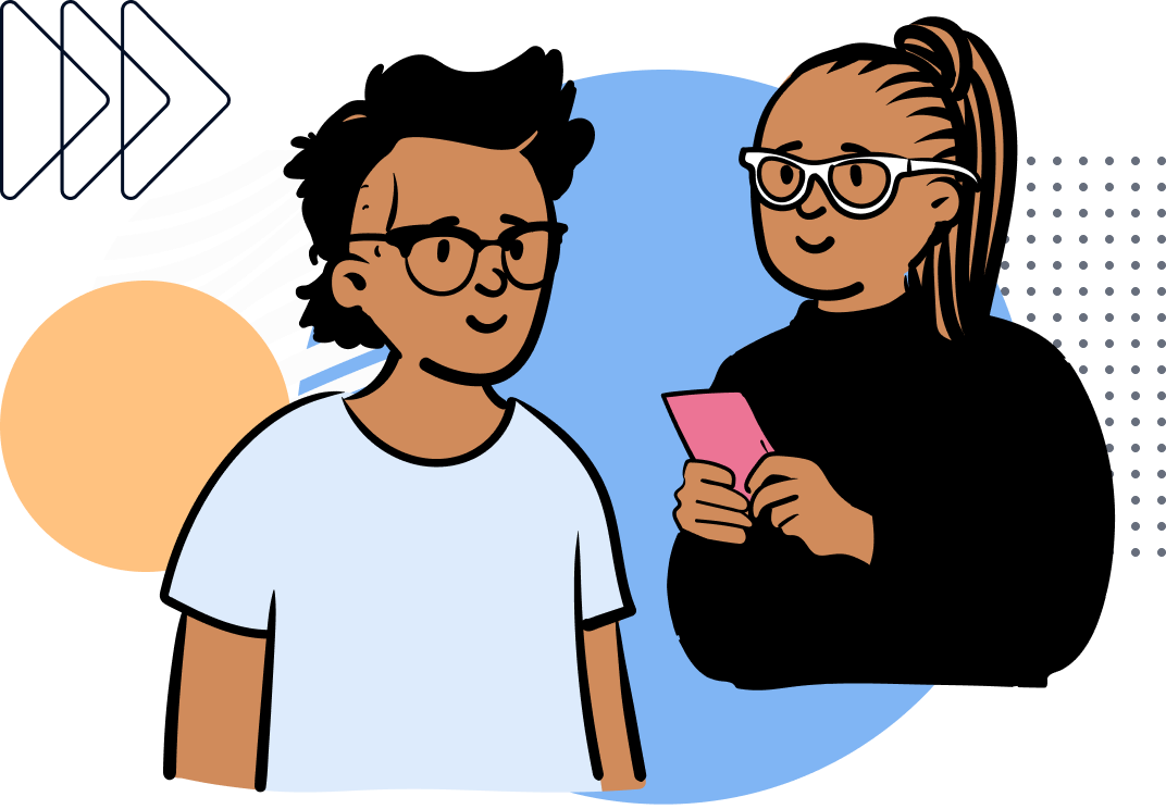 Illustration einer jungen Frau mit Handy und eines jungen Mannes im Gespräch