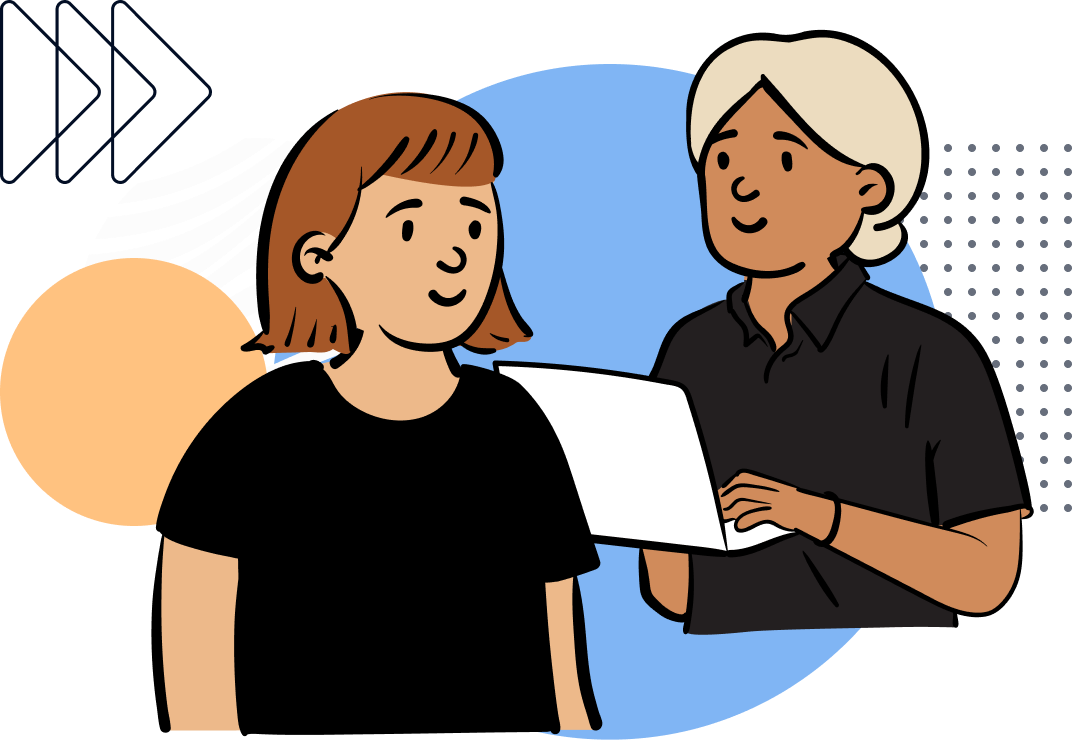 Illustration einer jungen Frau mit Laptop in der Hand und einer jungen Frau mir braunen Haaren