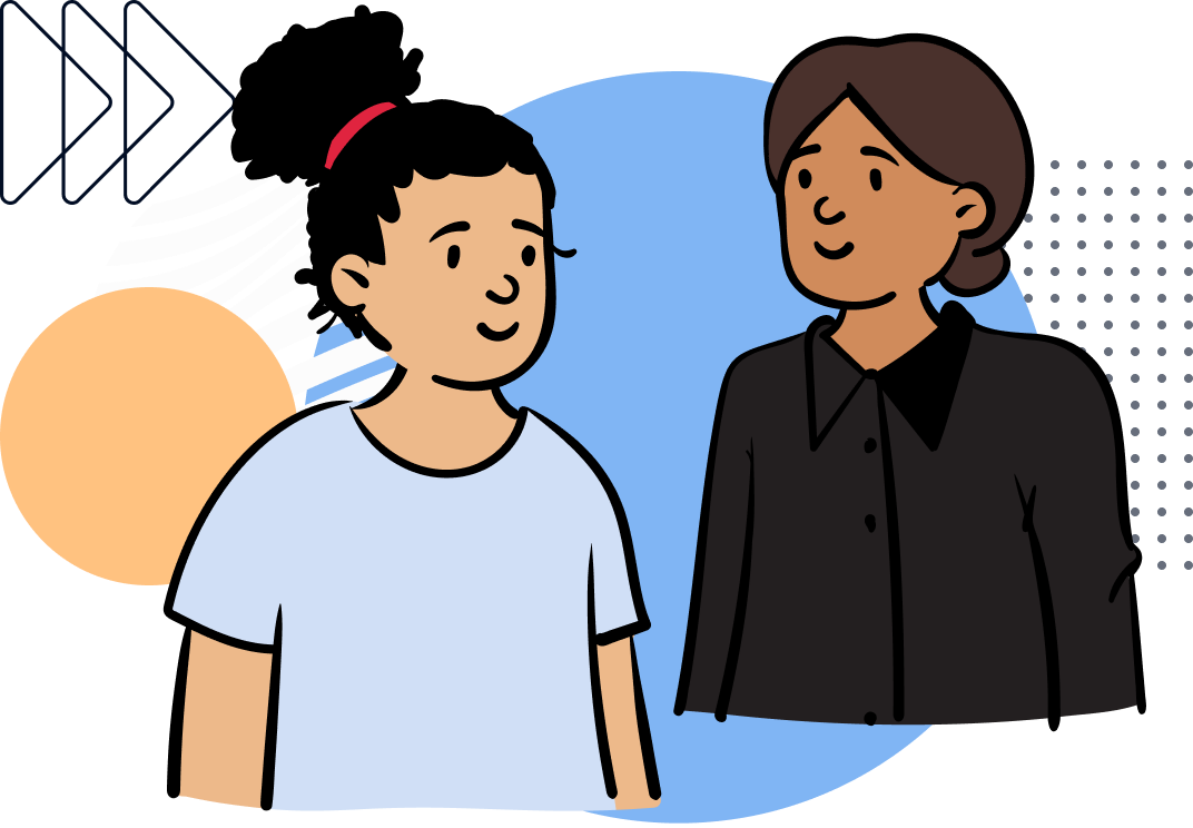 Illustration einer jungen Frau mit blauem T-Shirt und schwarzen Locken und einer jungen Frau mir schwarzem Hemd