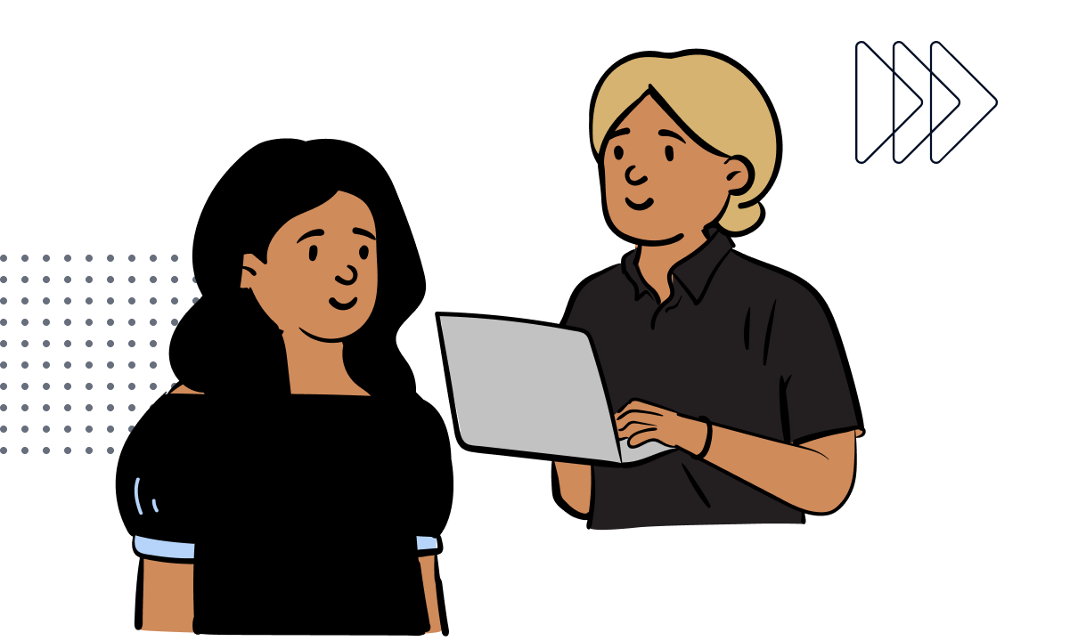 Illustration einer jungen Frau und eines jungen Mannes mit Laptop im Gespräch