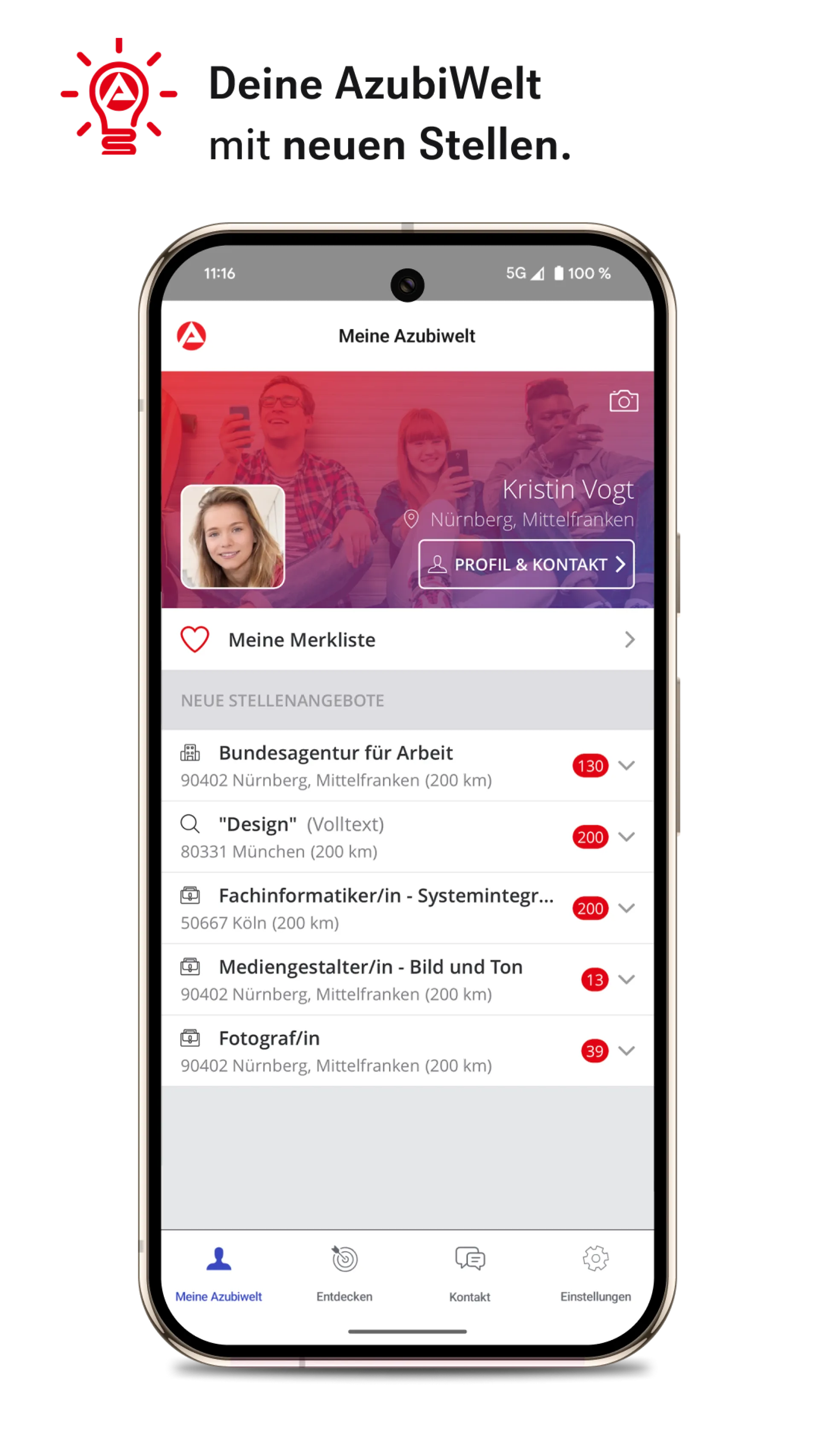 Screenshot der AzubiWelt App mit Stellenanzeigen