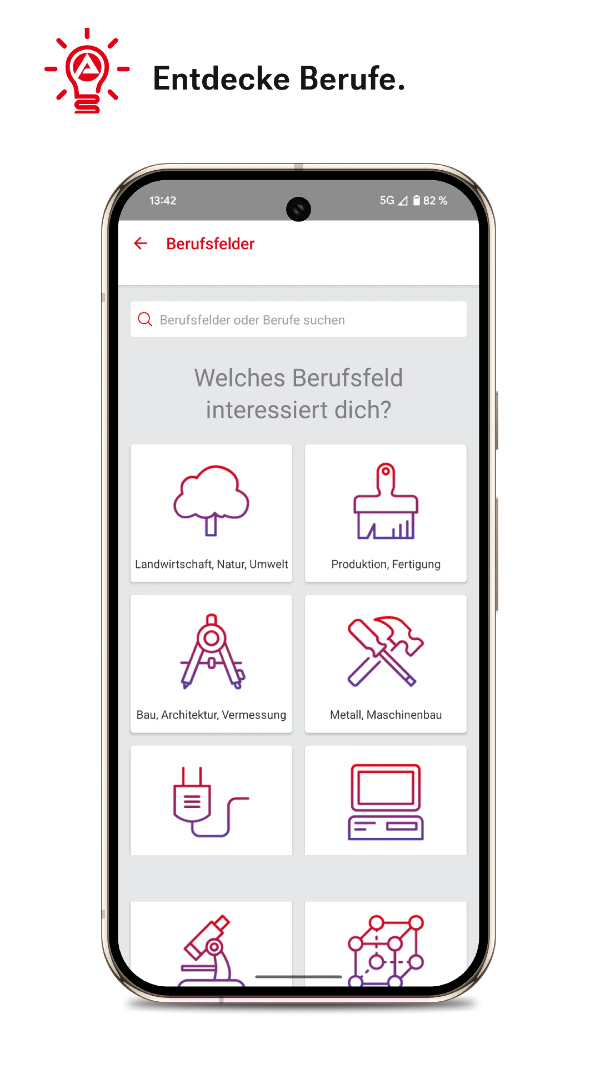 Screenshot der AzubiWelt App mit Berufen & Berufsfeldern