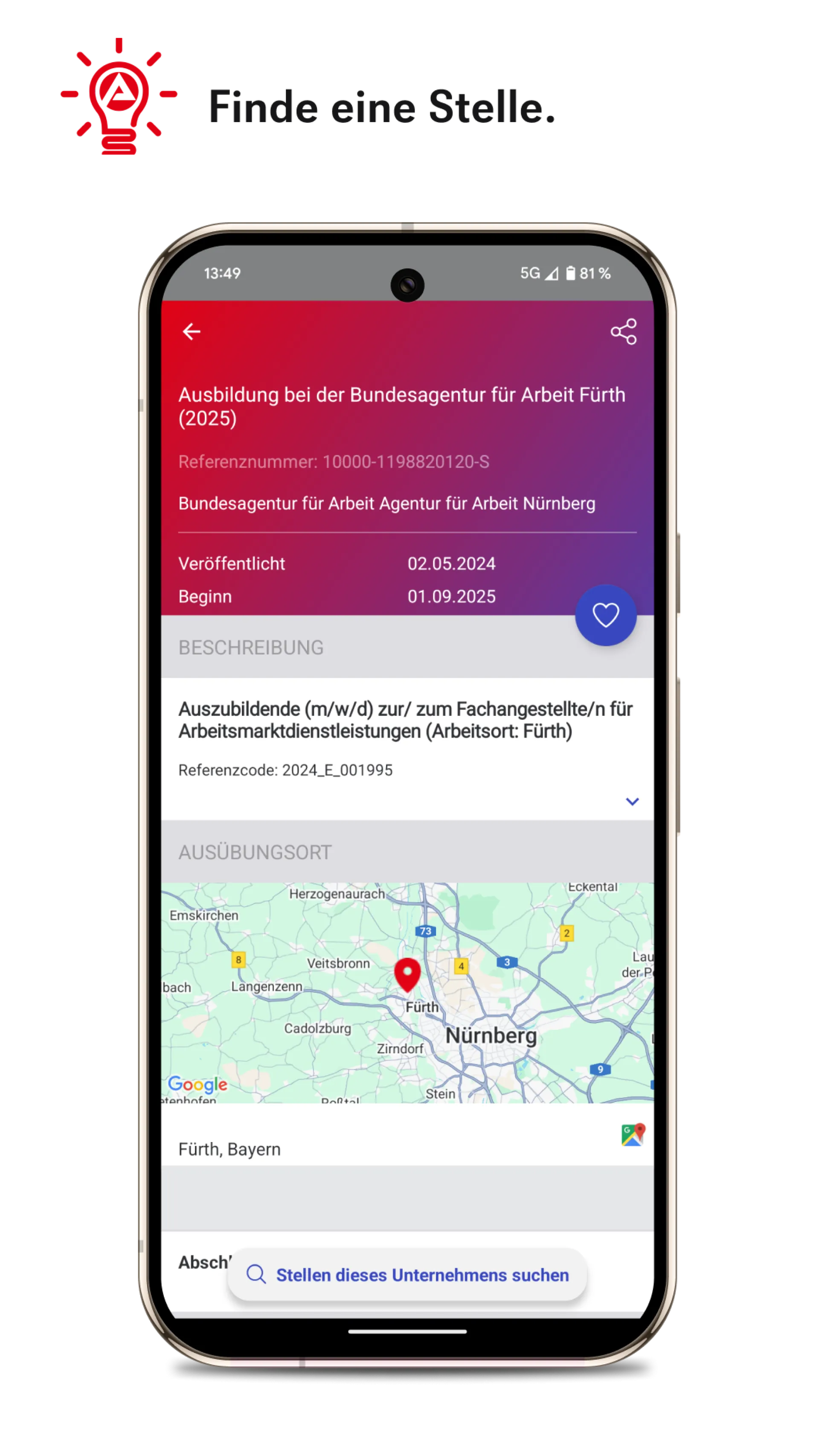 Screenshot der AzubiWelt App mit Stellenausschreibung, Beschreibung und der Markierung des Standorts auf einer Karte