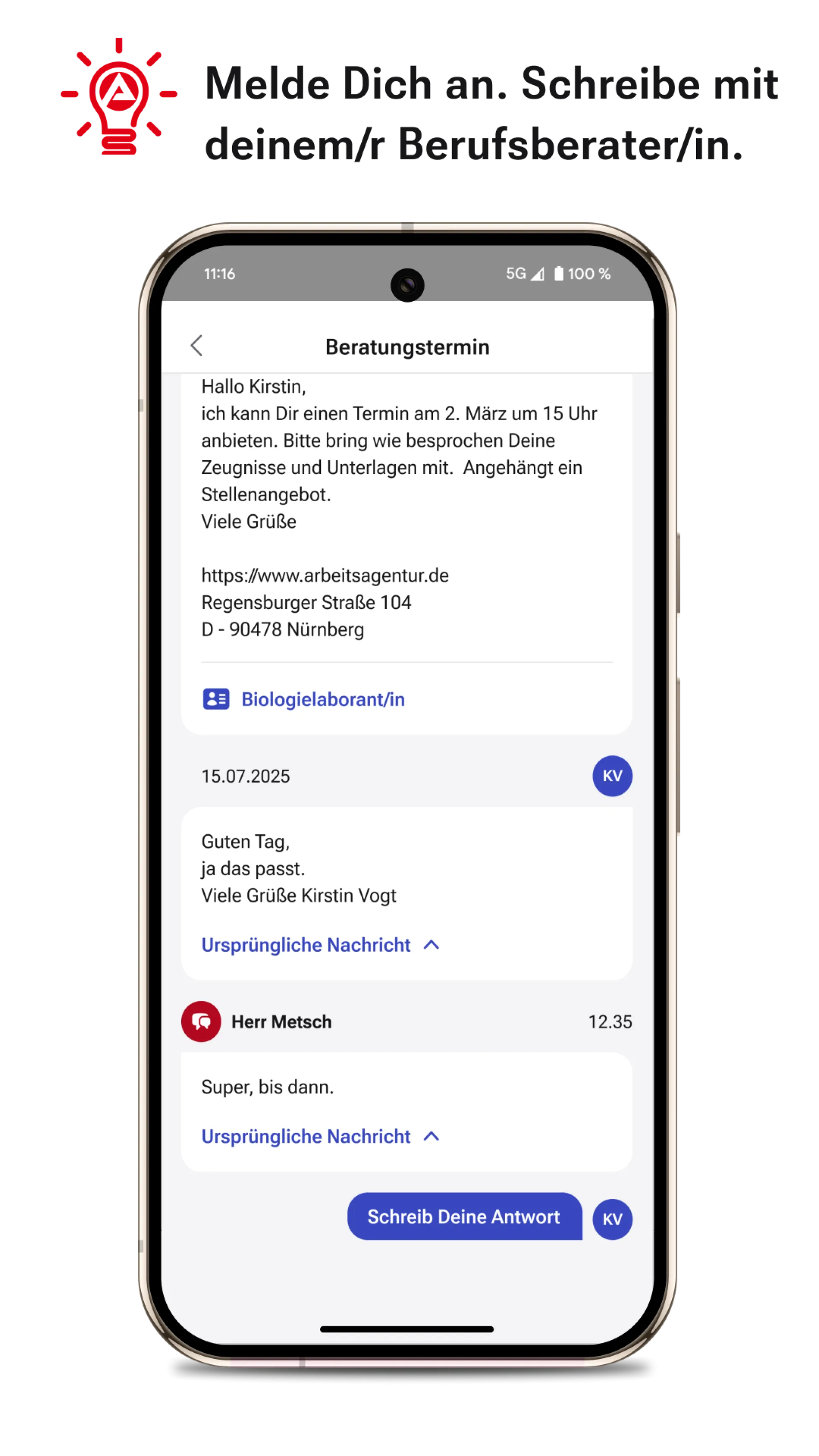 Screenshot der AzubiWelt App mit Kontaktmöglichkeiten Berufsberatung