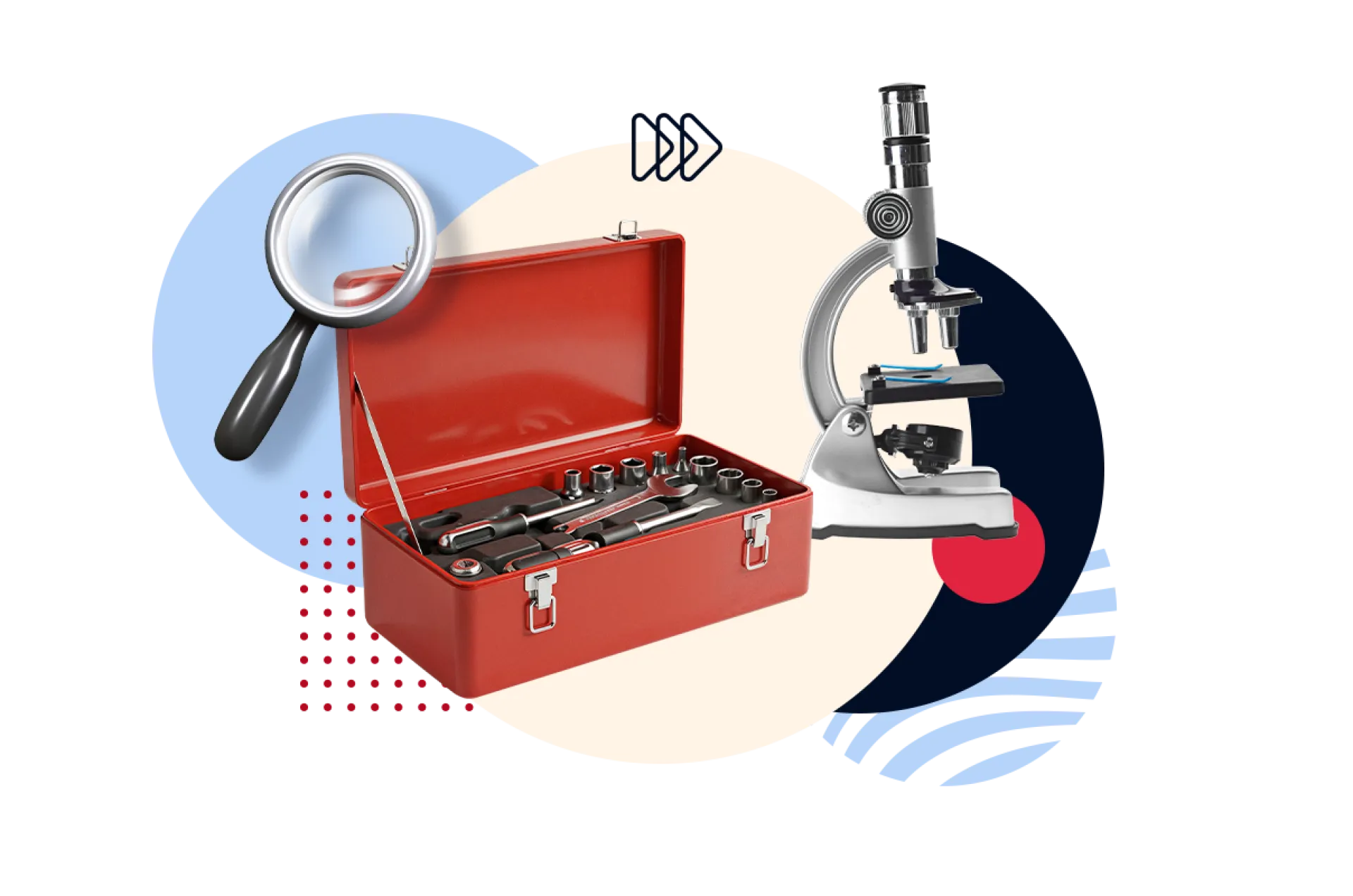 Collage einer Lupe, eines Werkzeugkoffers uns eines Mikroskops