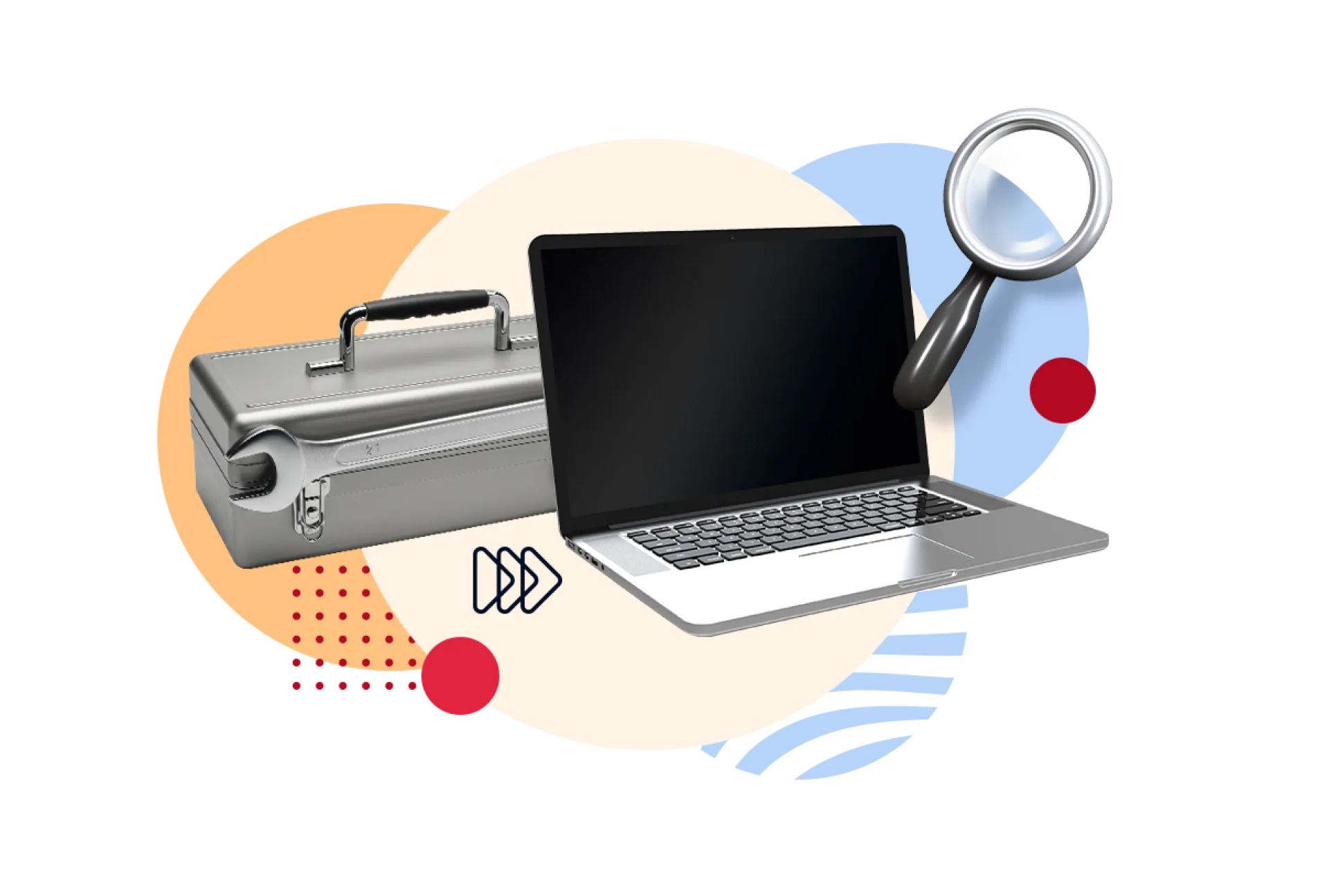 Collage eines Laptops, einer Lupe und eines Werkzeugkoffers