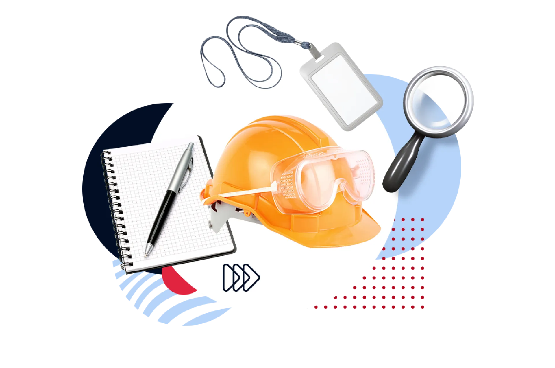 Collage eines Kaffeebechers, eines Bauhelms und einer Lupe