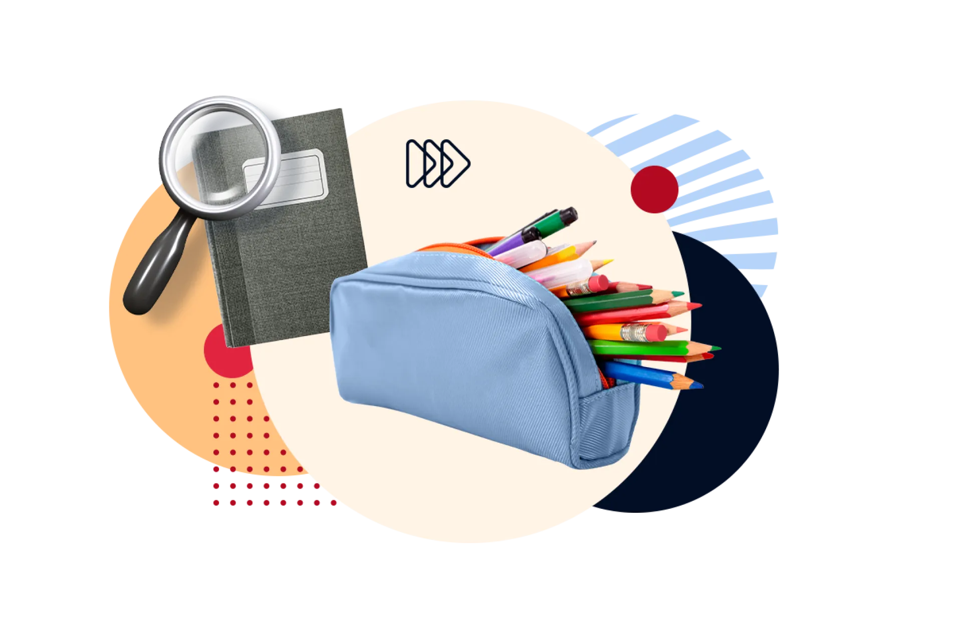 Collage einer Lupe, eines Federmäppchens mit Stiften und eines Schulhefts