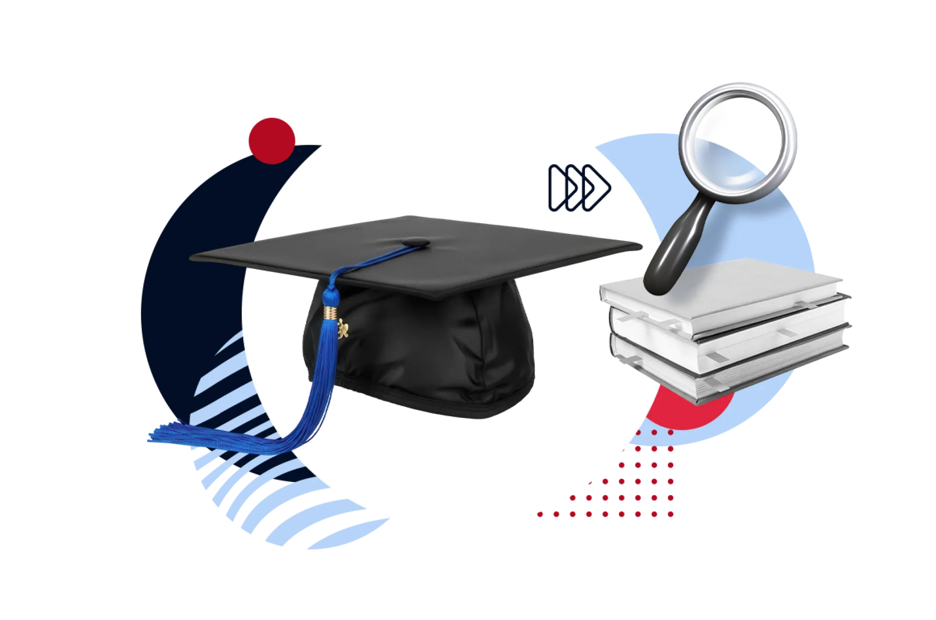 Collage einer akademischen Mütze, einer Lupe und Büchern