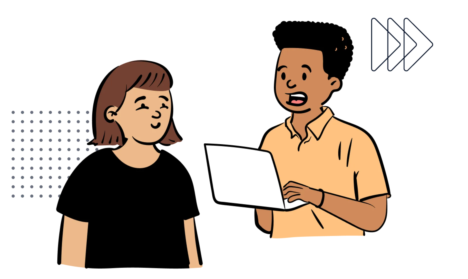 Illustration eines jungen Mannes mit orangenem Hemd und Laptop und einer jungen Frau mit braunen Haaren