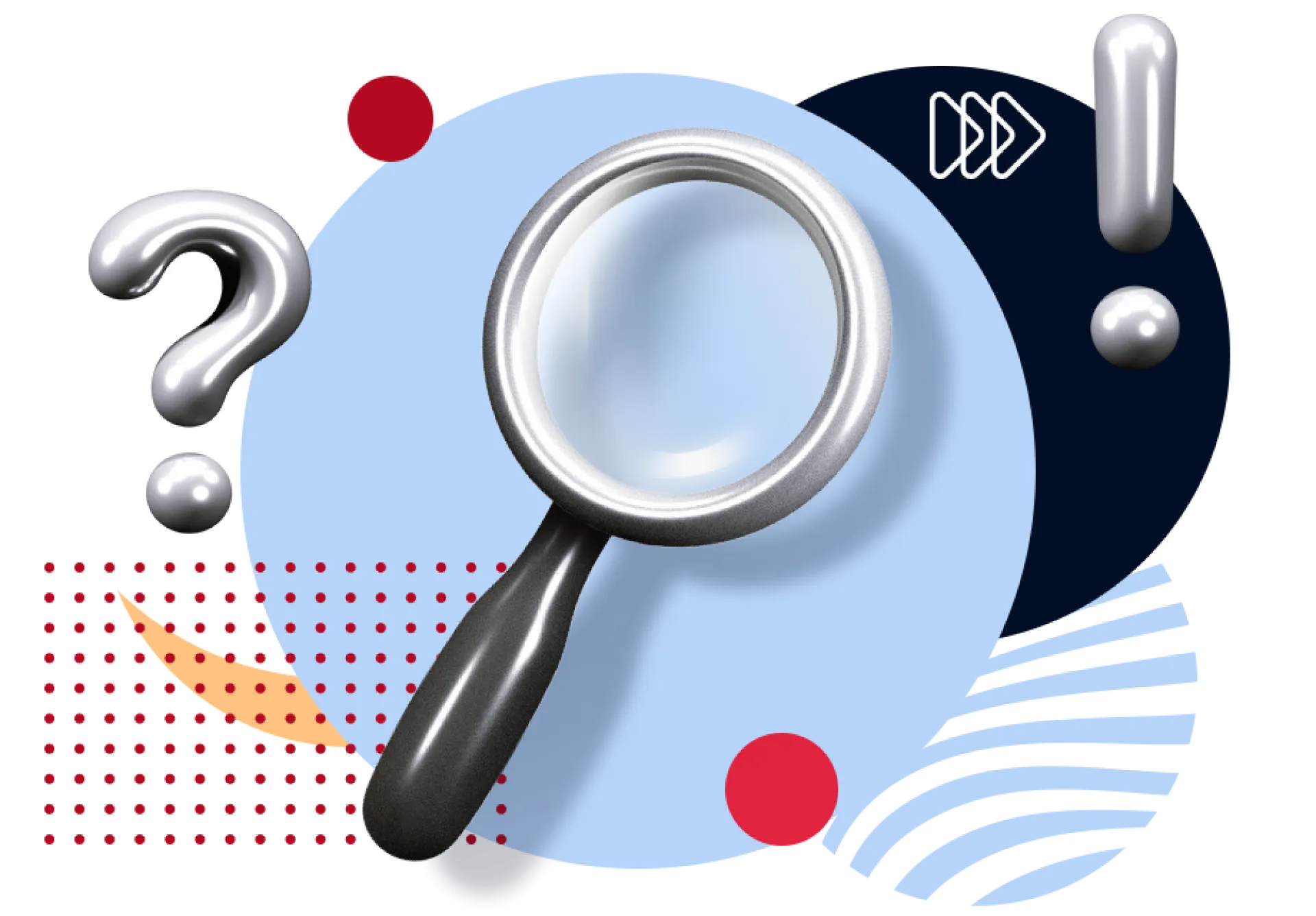 Collage einer Lupe mit Ausrufezeichen und Fragezeichen