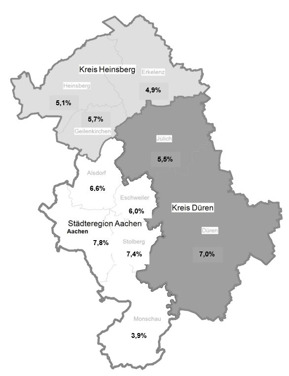 Die Region der Agentur für Arbeit Aachen-Düren mit den Arbeitslosenquoten im Dezember 2022