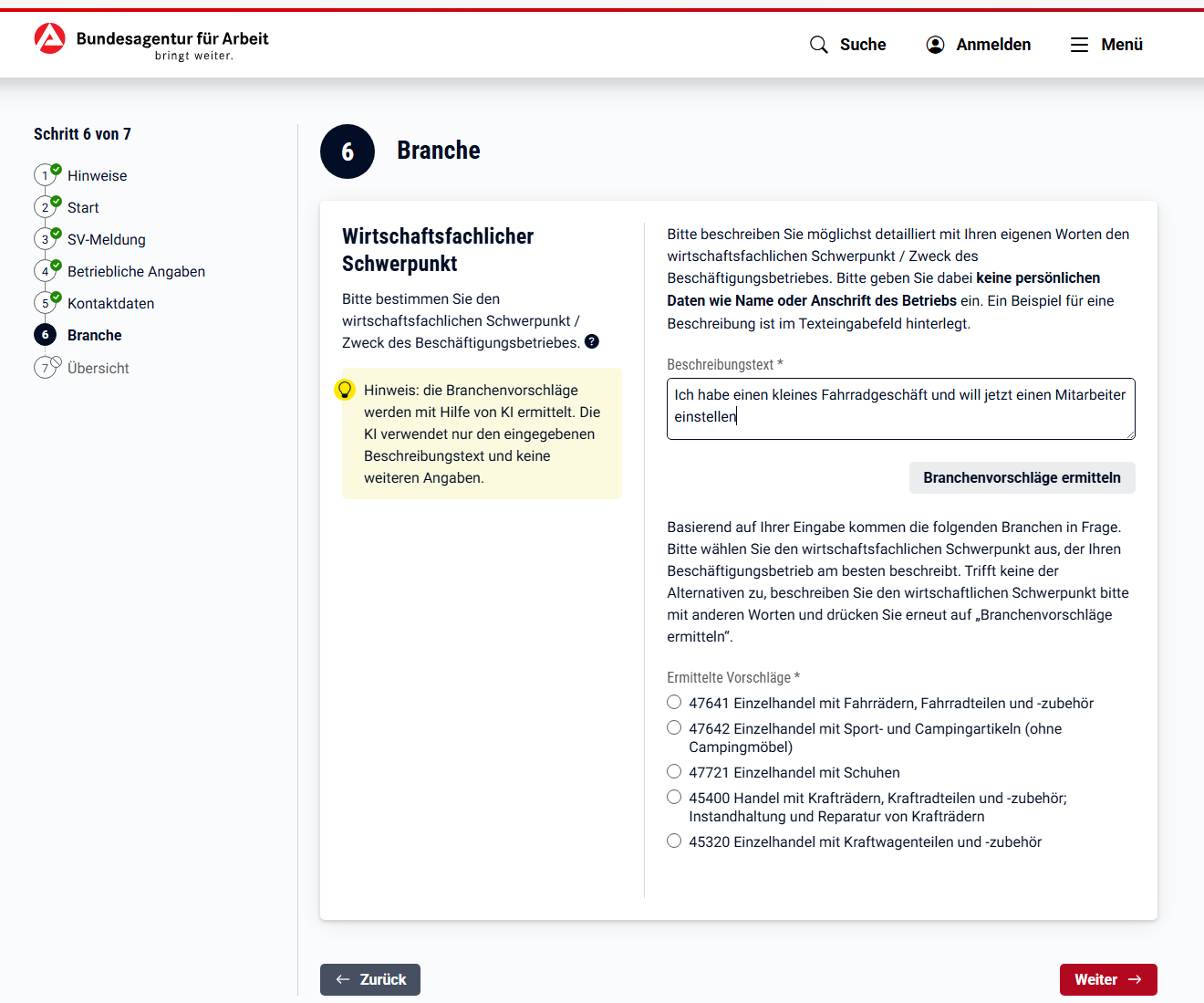 Bild zeigt die Online Beantragung einer Betriebsnummer mit Hilfe der KI