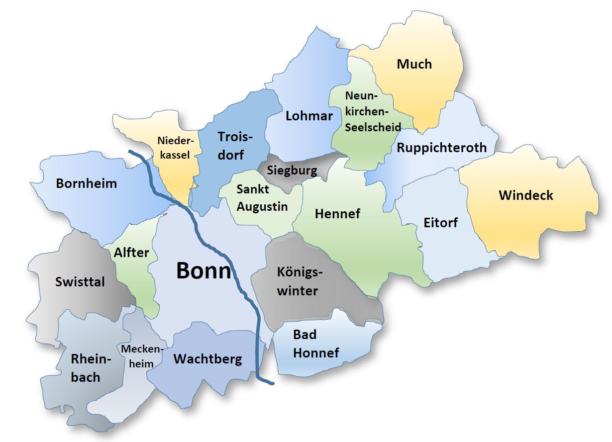 Die Karte zeigt den Betreuungsbereich der Agentur für Arbeit Bonn und der Jobcenter Bonn und Rhein-Sieg