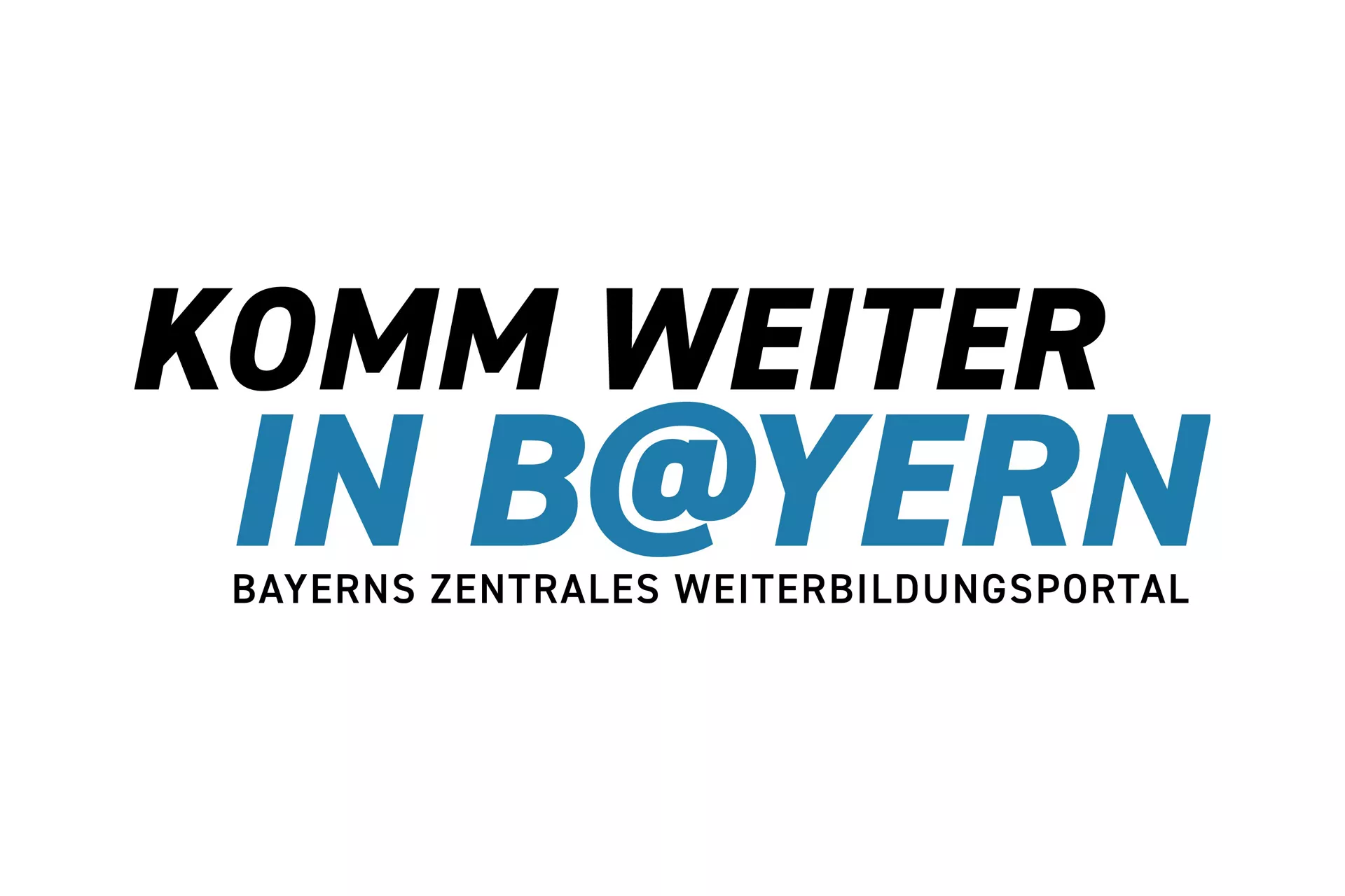 Text (schwarz-blau): KOMM WEITER IN B@YERN; Subline (schwarz): BAYERNS ZENTRALES WEITERBILDUNGSPORTAL