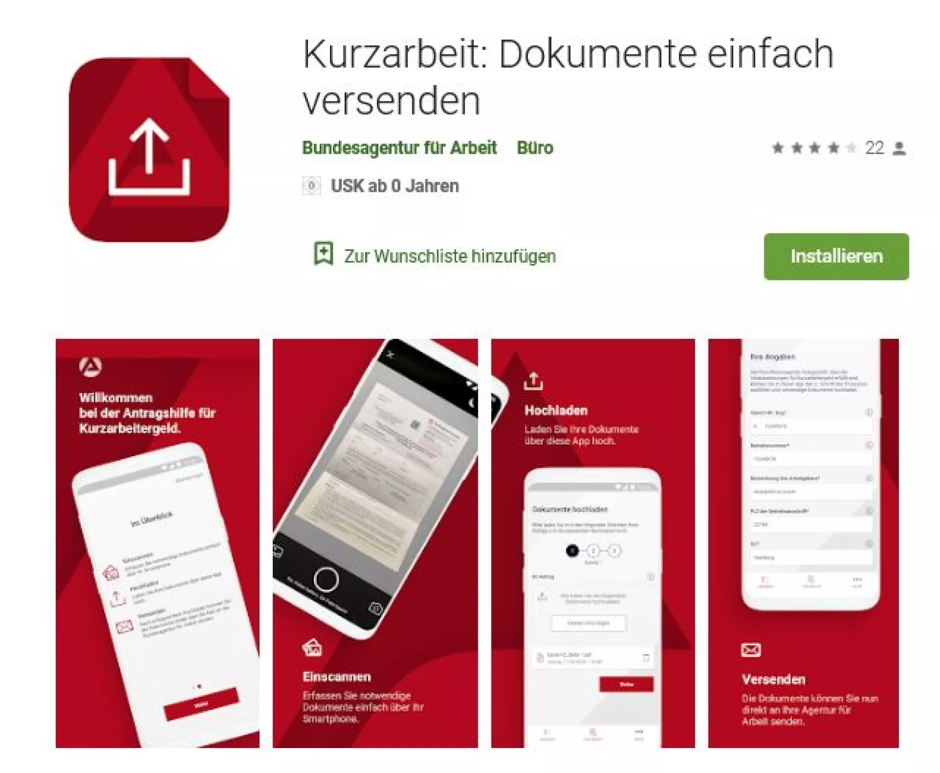 Screenshot von der BA-Kurzarbeit-App im App-Store
