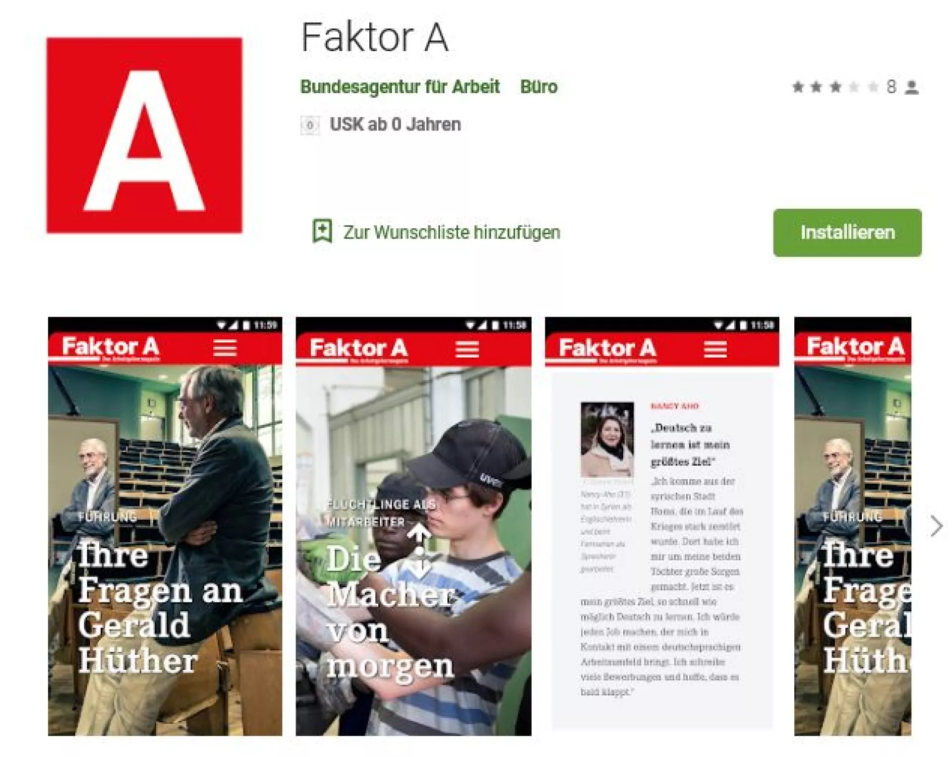 Screenshot von der BA-FaktorA-App im App-Store