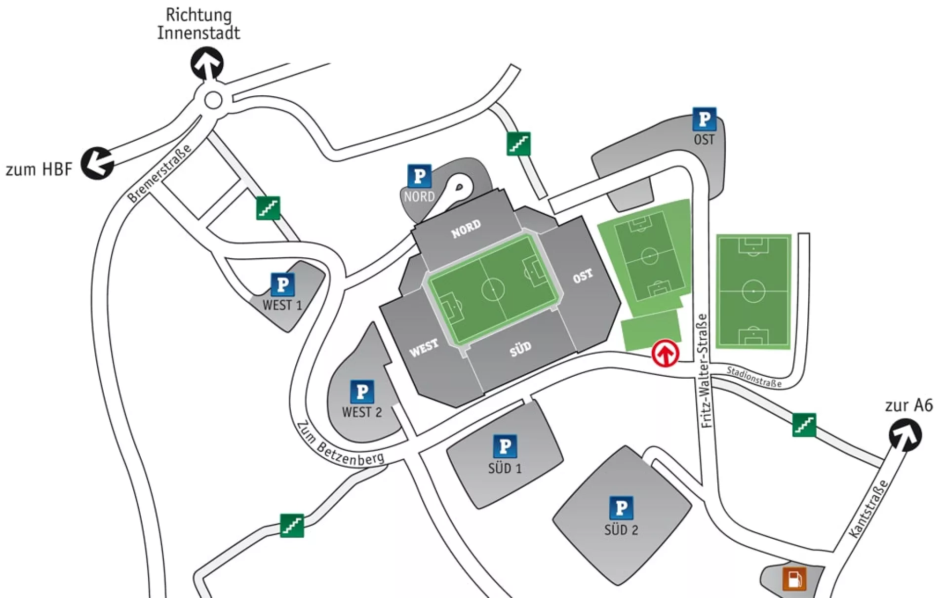 Lageplan des Fritz-Walter-Stadion mit Parkplätzen