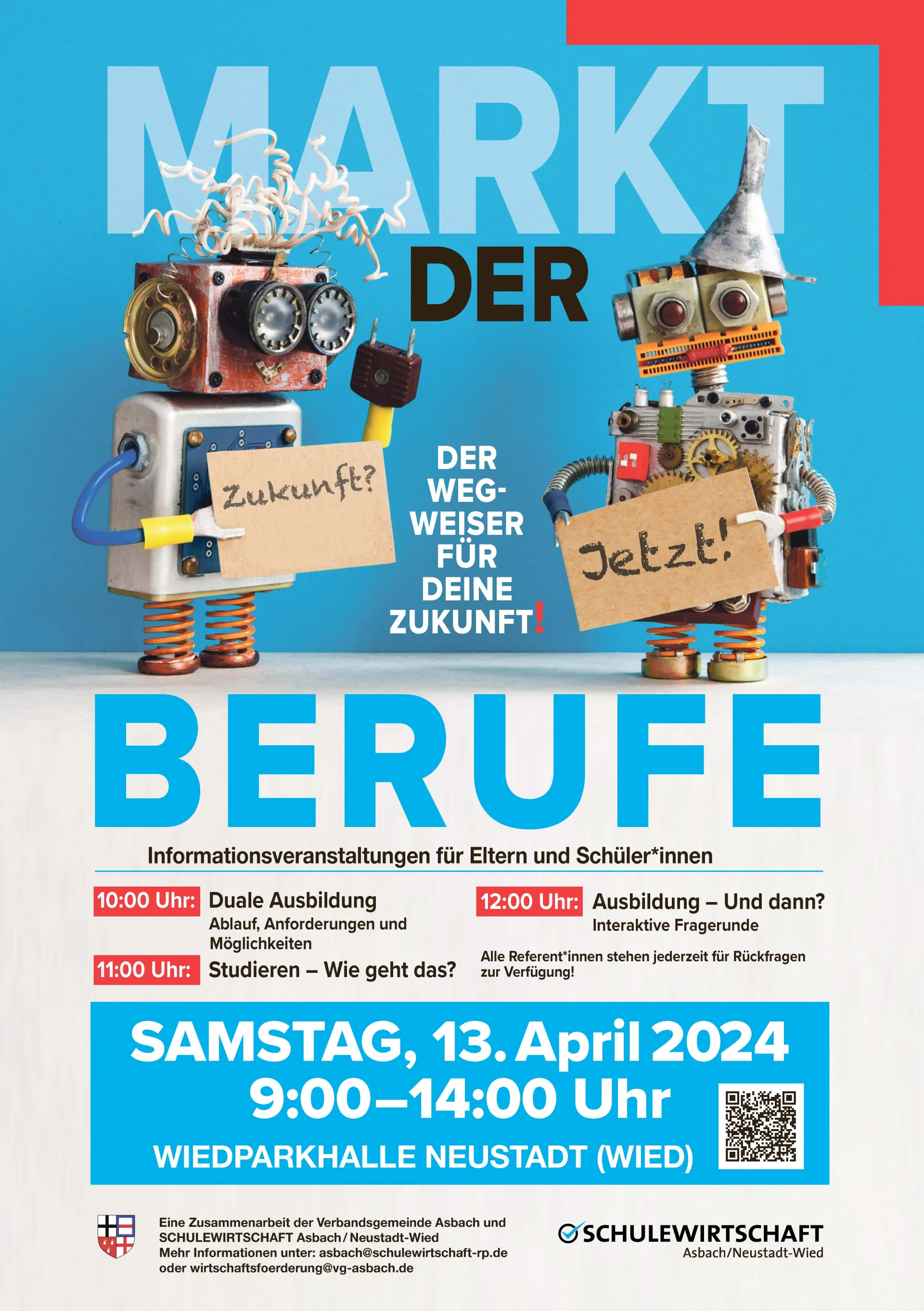 Auf dem Plakat stehen die relevanten Informationen zum Markt der Berufe am 13. April in Neustadt an der Wied