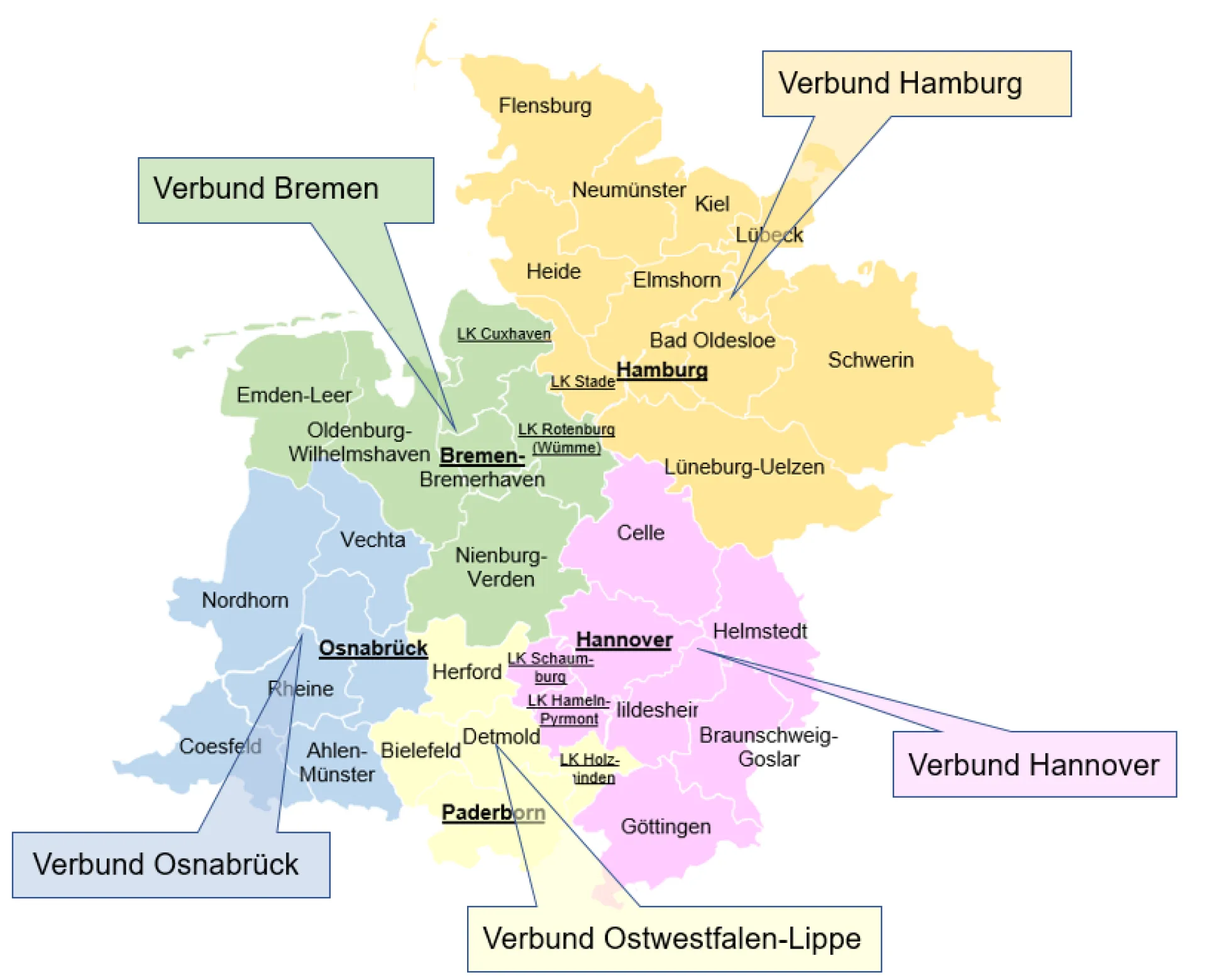 Landkarte von Niedersachsen, Ostwestfalen, Hamburg, Bremen und südliche Teile von Schleswig-Holstein