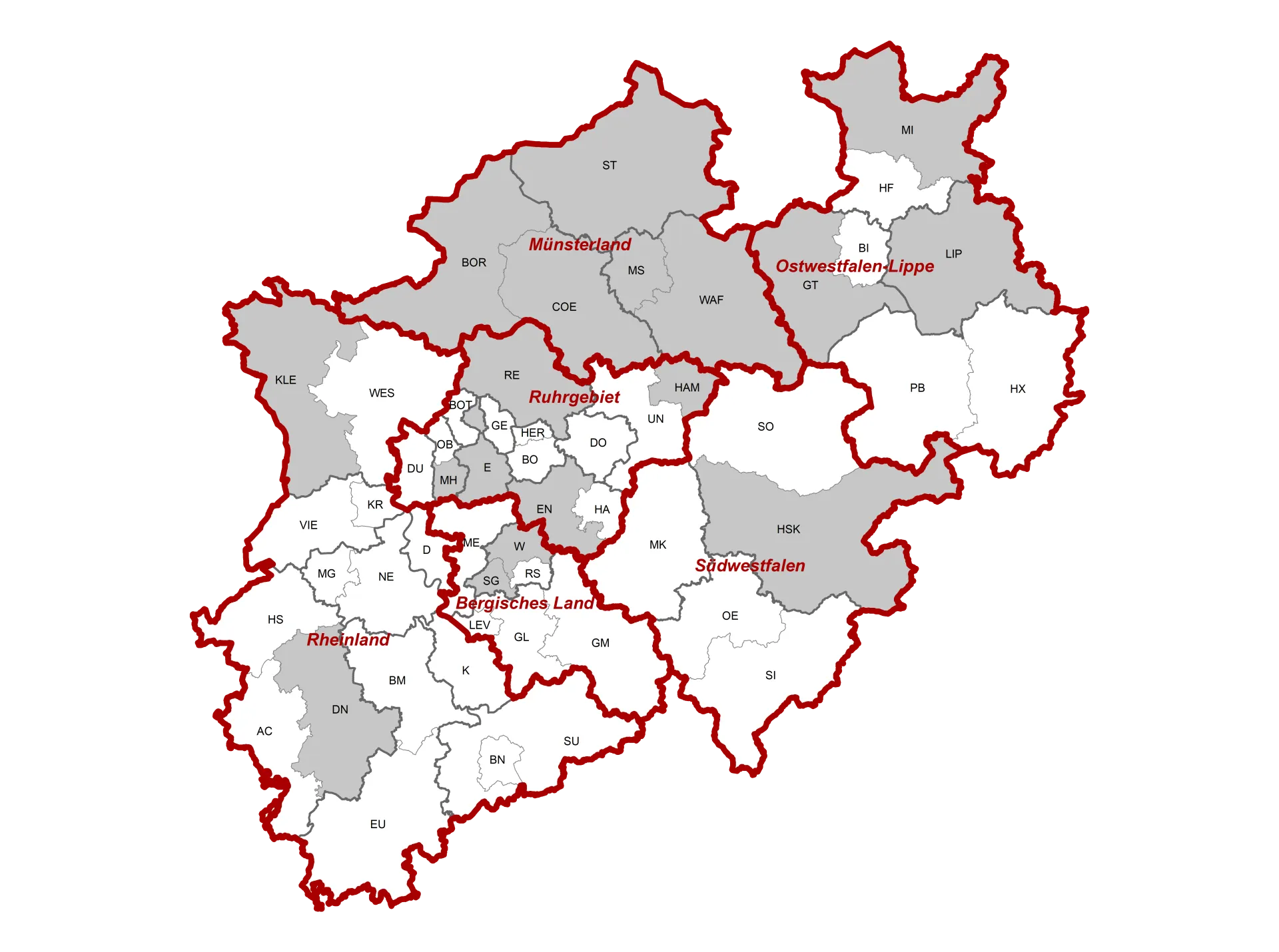 Auf der Landkarte sind die sechs Arbeitsmarktregionen in Nordrhein-Westfalen sowie die Kreisgrenzen sichtbar.