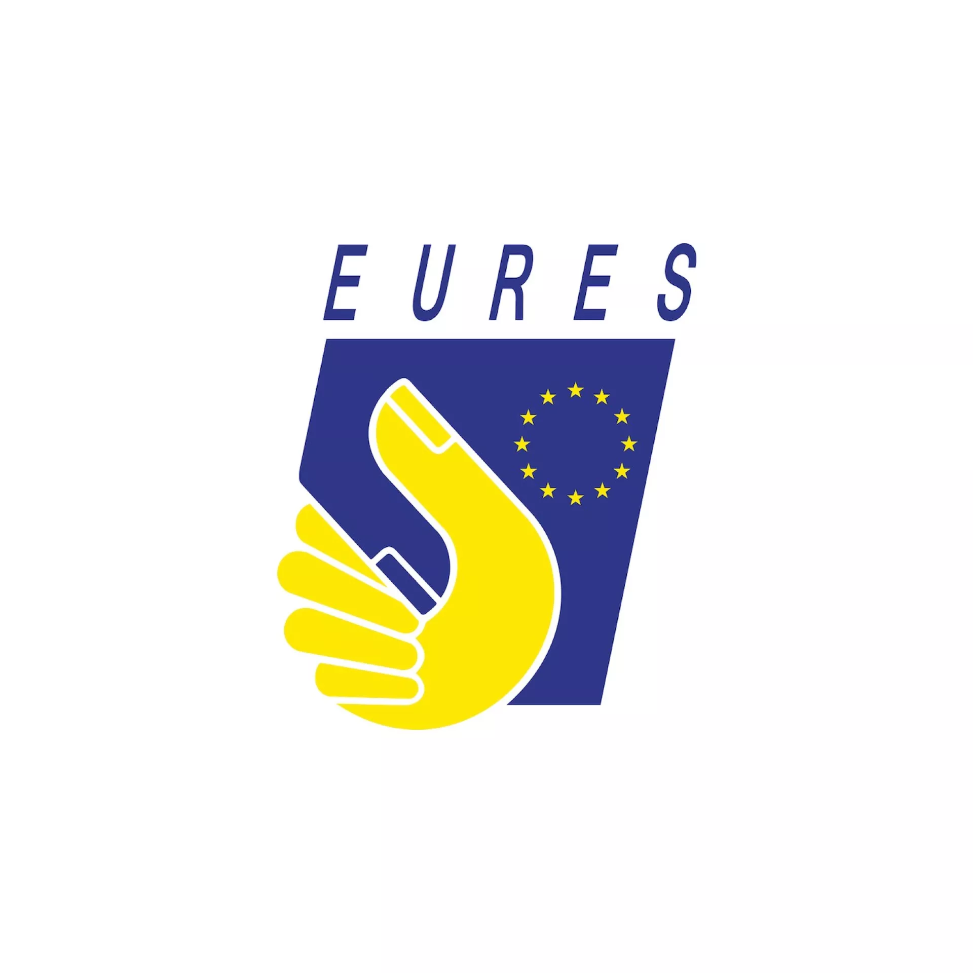 Schriftzug EURES über einem blauen Quadrrat mit gelber Hand und Europa-Sternenkreis