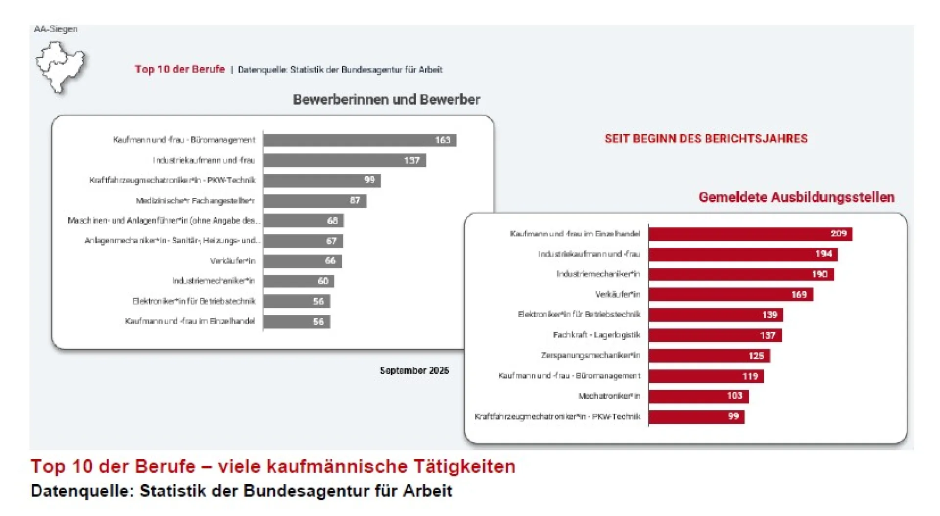 Bild zeigt Statistik der Top 10 der nachgefragten Berufe im Verhältnis zu den gemeldeten Ausbildungsberufen