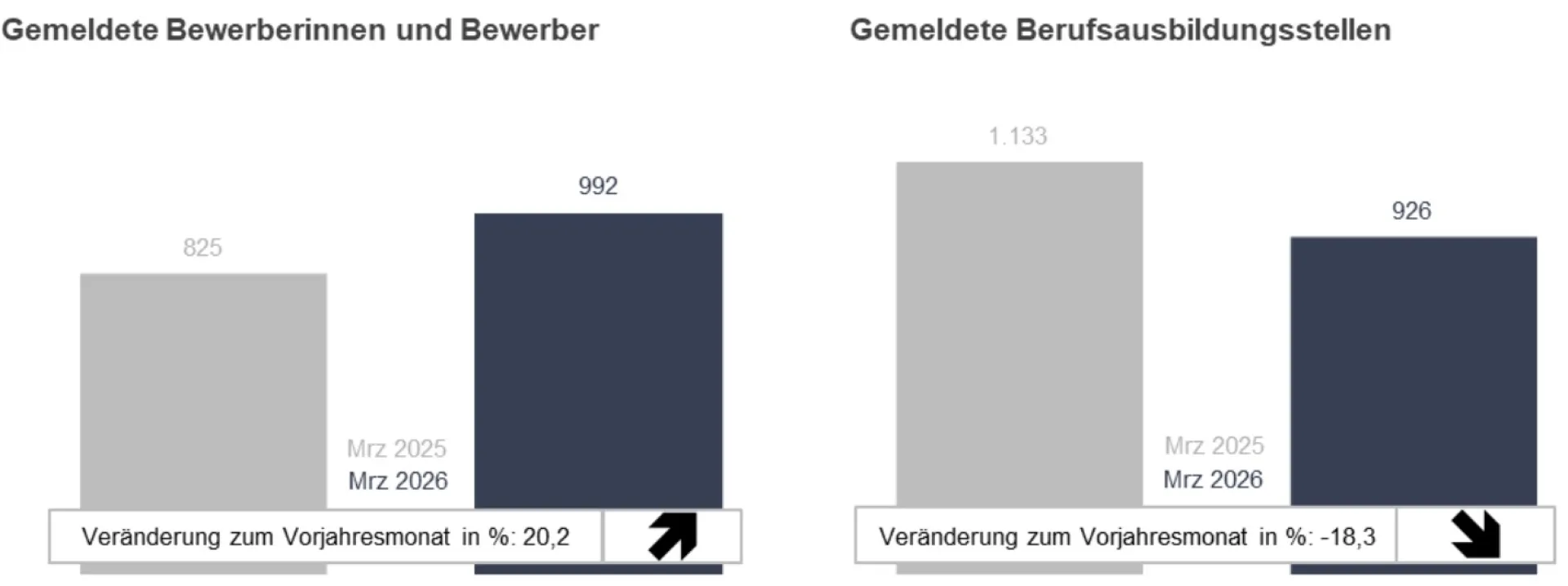 Übersicht gemeldeter Bewerber im Vergleich zu gemeldeten Ausbildungsstellen im Säulendiagramm mit Veränderung zum Vorjahresmonat