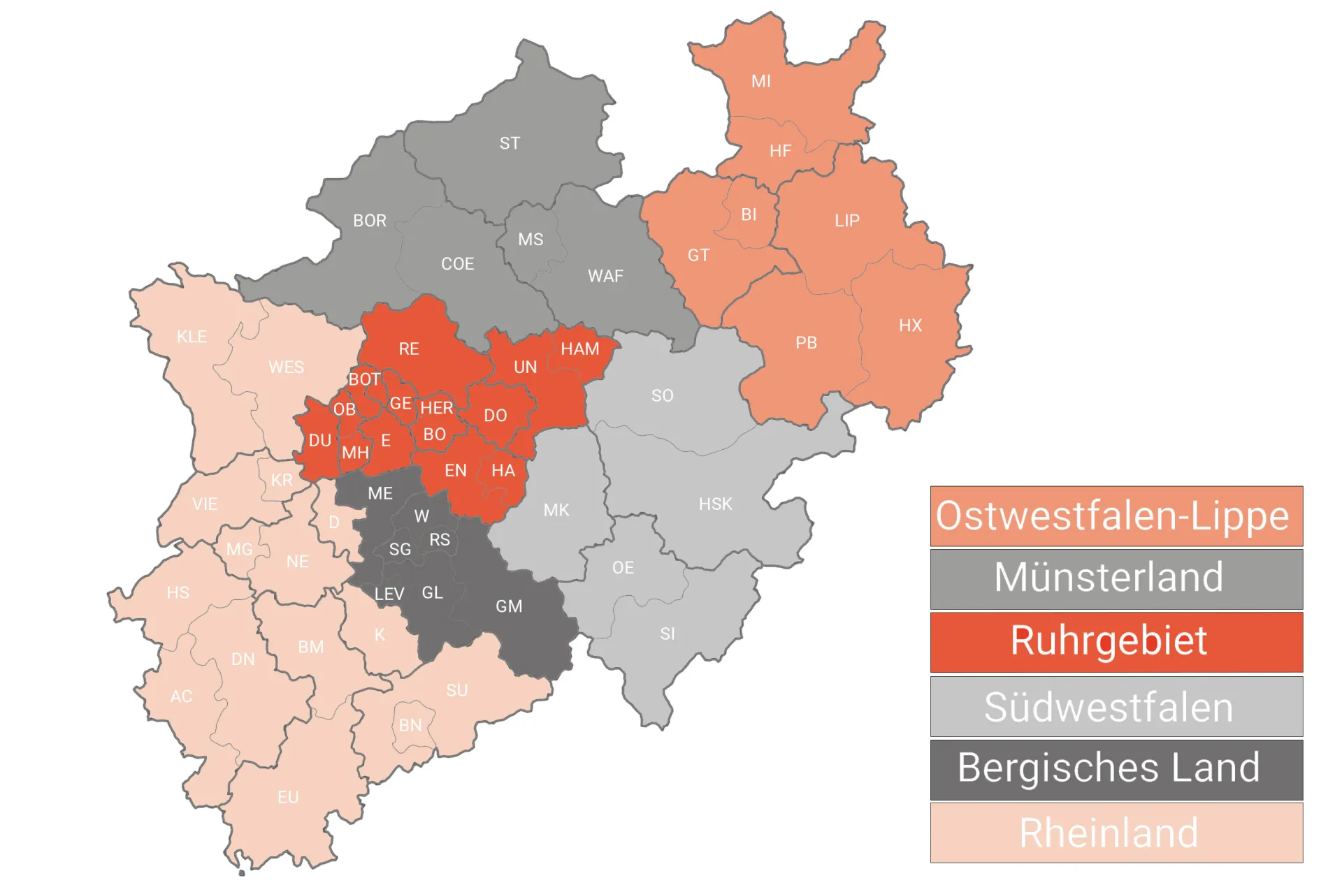 Die Karte von Nordrhein-Westfalen zeigt die sechs Arbeitsmarktregionen und alle Landkreise, die mit den jeweiligen Kraftfahrzeug