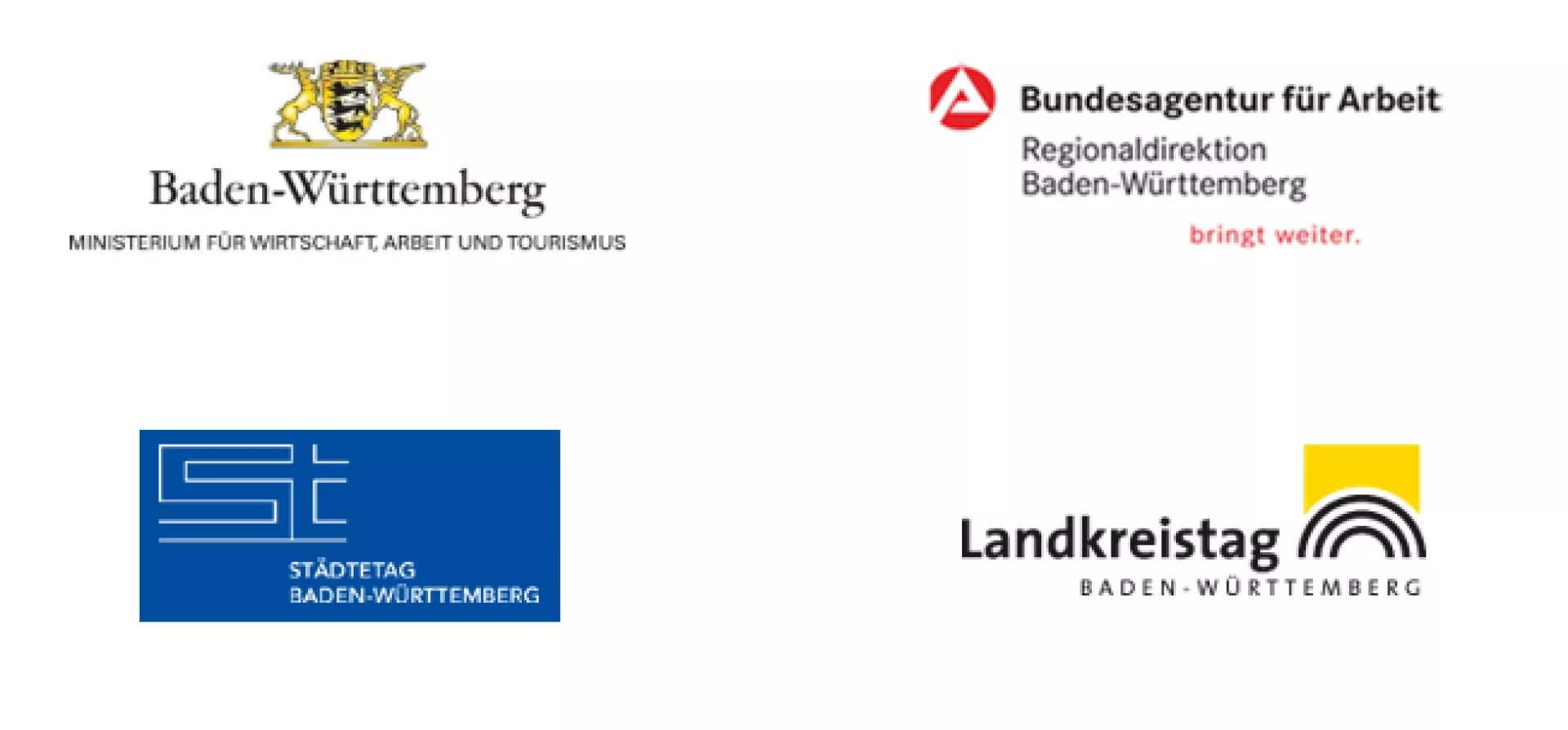 Logo des Ministeriums für Wirtschaft, Arbeit und Tourismus Baden-Württemberg, des baden-württembergischen Städte- und Landkreistages sowie der Regionaldirektion Baden-Württemberg der Bundesagentur für Arbeit
