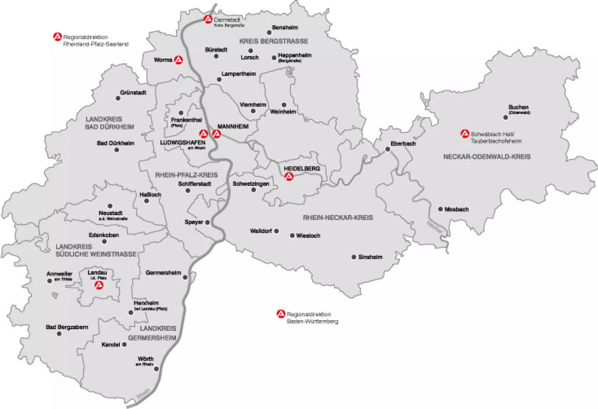 Landkarte der Agenturbezirke der Metrolpolregion Rhein-Neckar