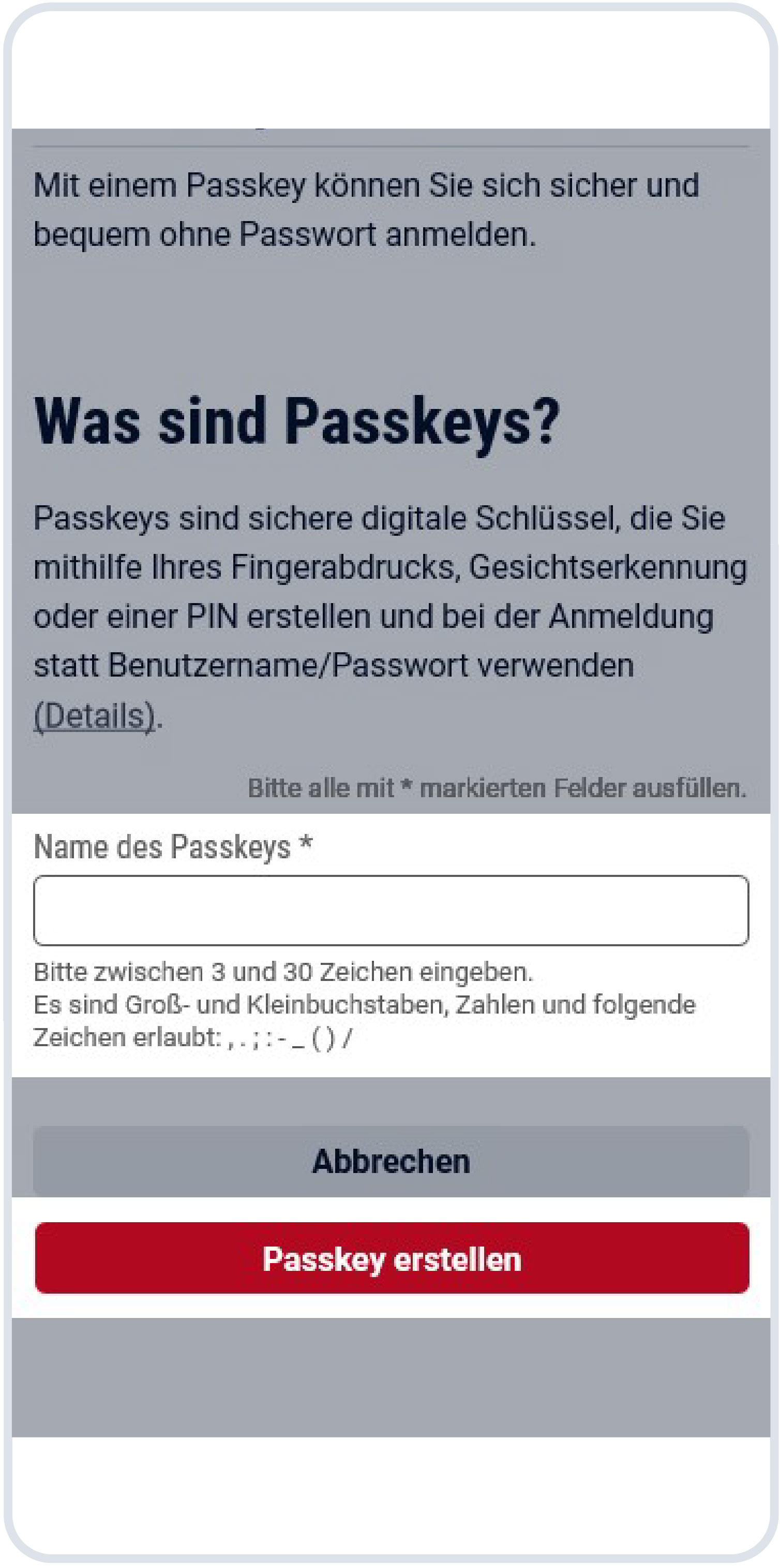 Screen der Passkey-Einrichtung