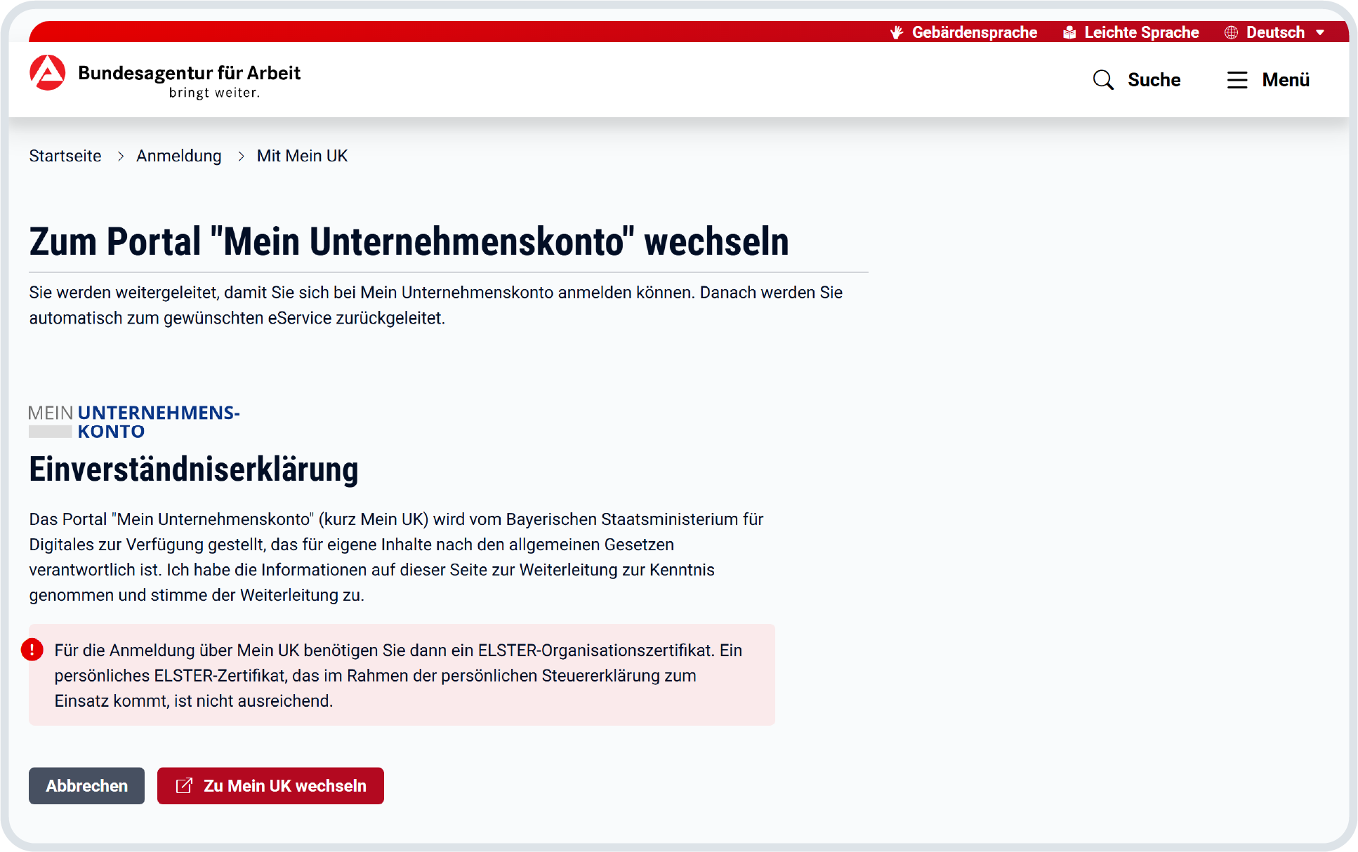 Wechsel zum Unternehmenskonto Screenshot zum Unternehmenskonto im Portal