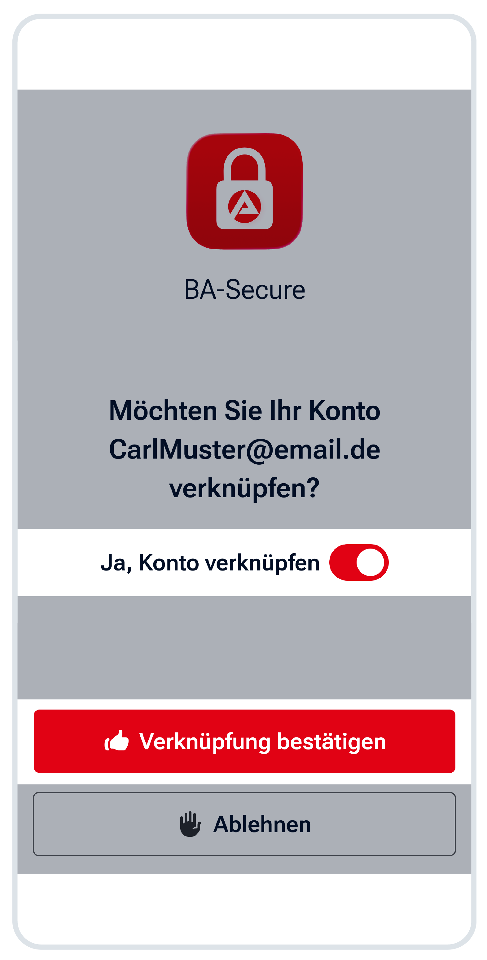 Aktivieren Sie den Schalter bei „Ja, Konto verknüpfen“ und bestätigen Sie die Eingabe mit dem Button „Verknüpfung bestätigen“.