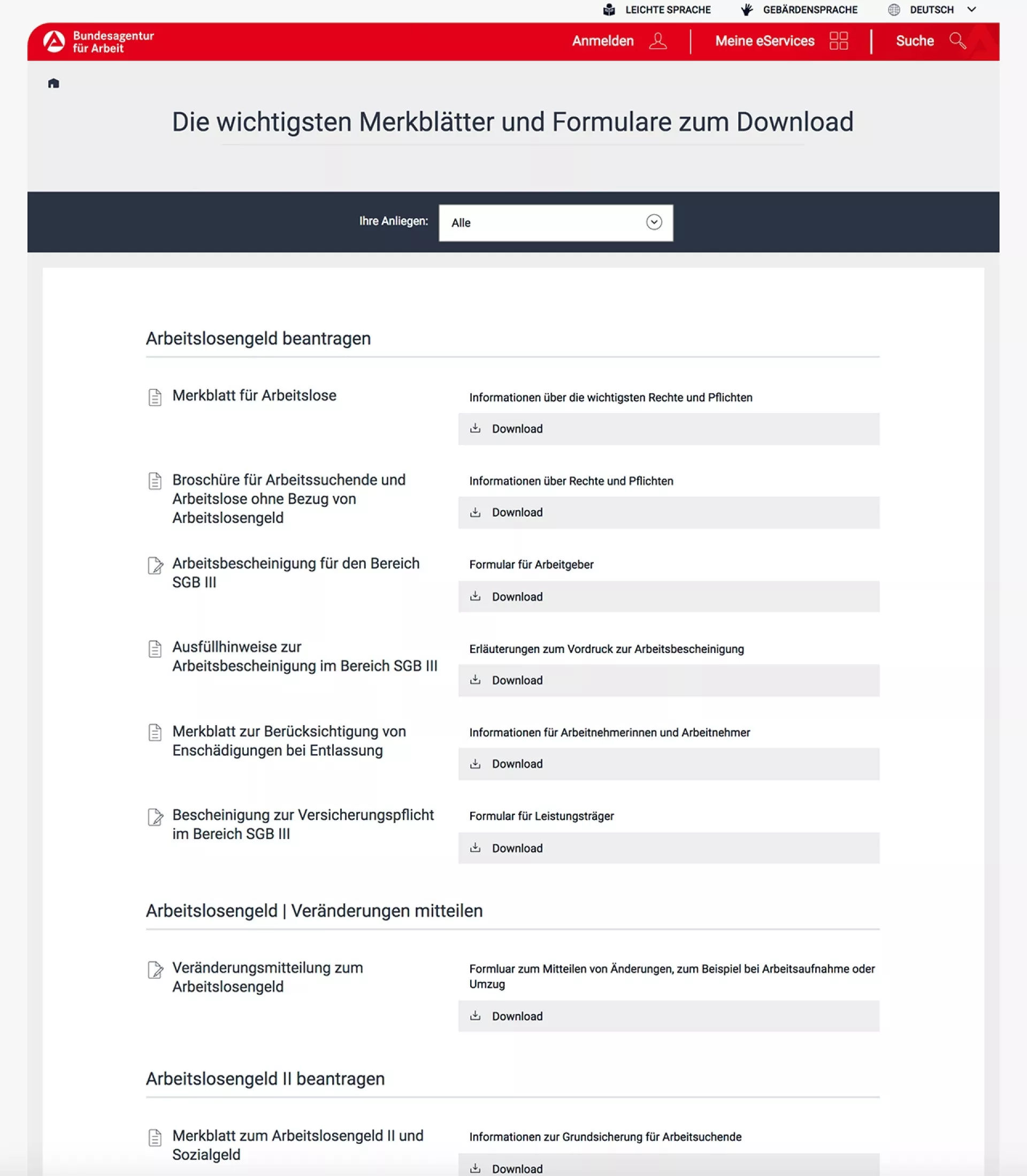 Screenshot Downloadcenter (Merkblätter und Formulare)