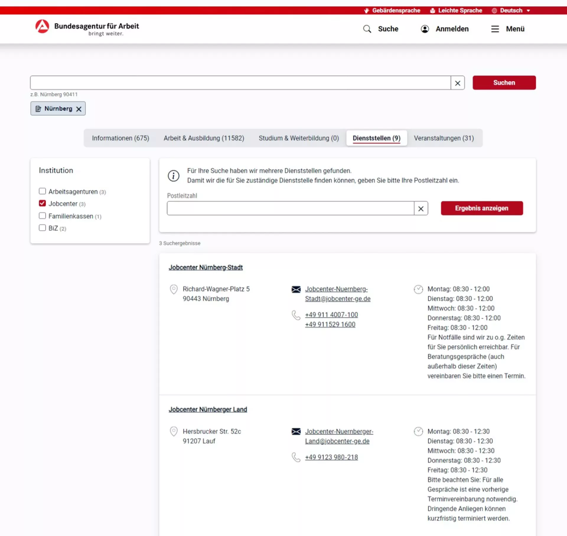 Screenshot interne Suche Jobcenter Nürnberg