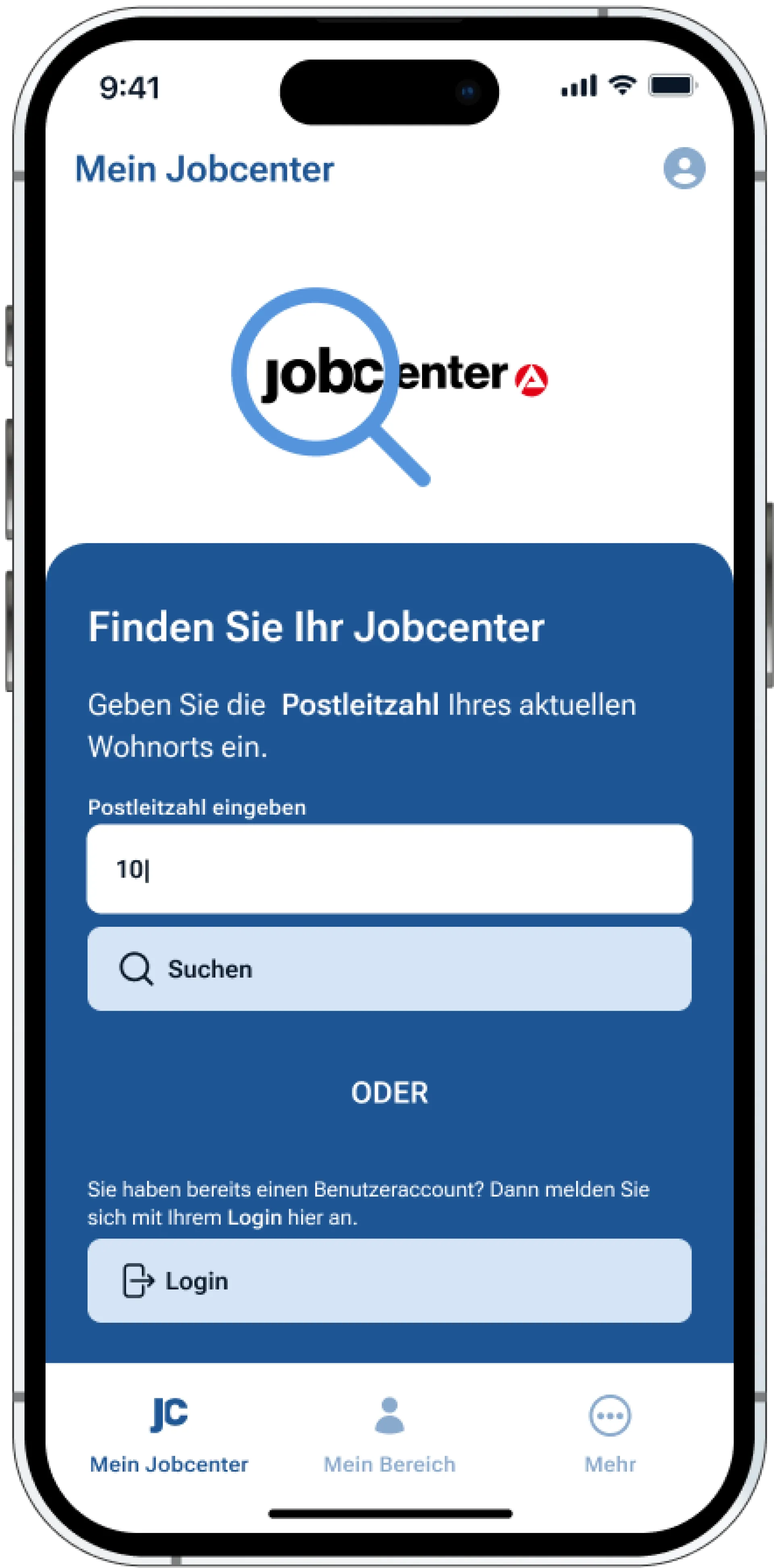 Screenshot der Jobcenter-App Startseite