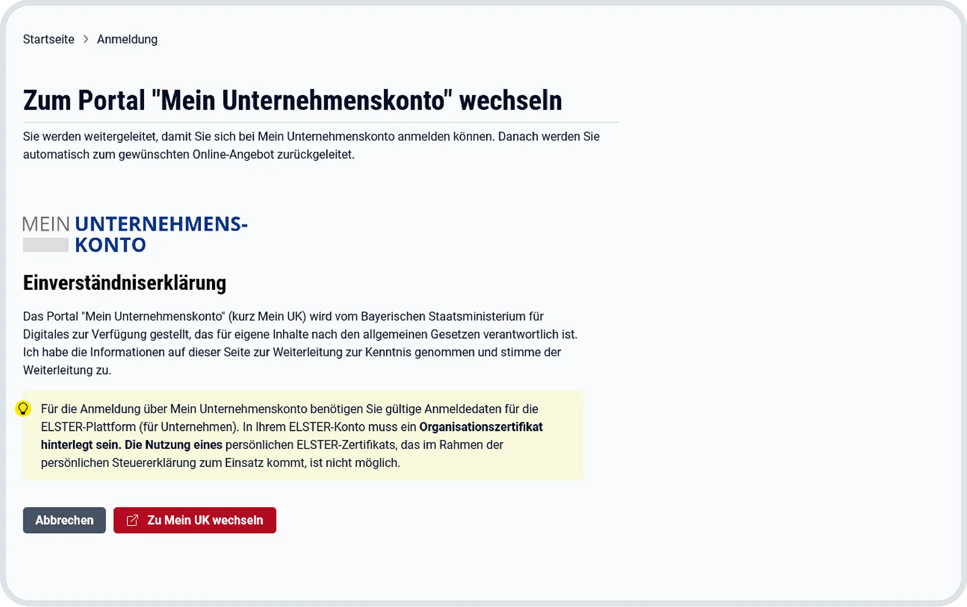 Der Screenshot zeigt eine Einverständniserklärung. Sind Sie einverstanden, wählen Sie zu Mein UK wechseln.
