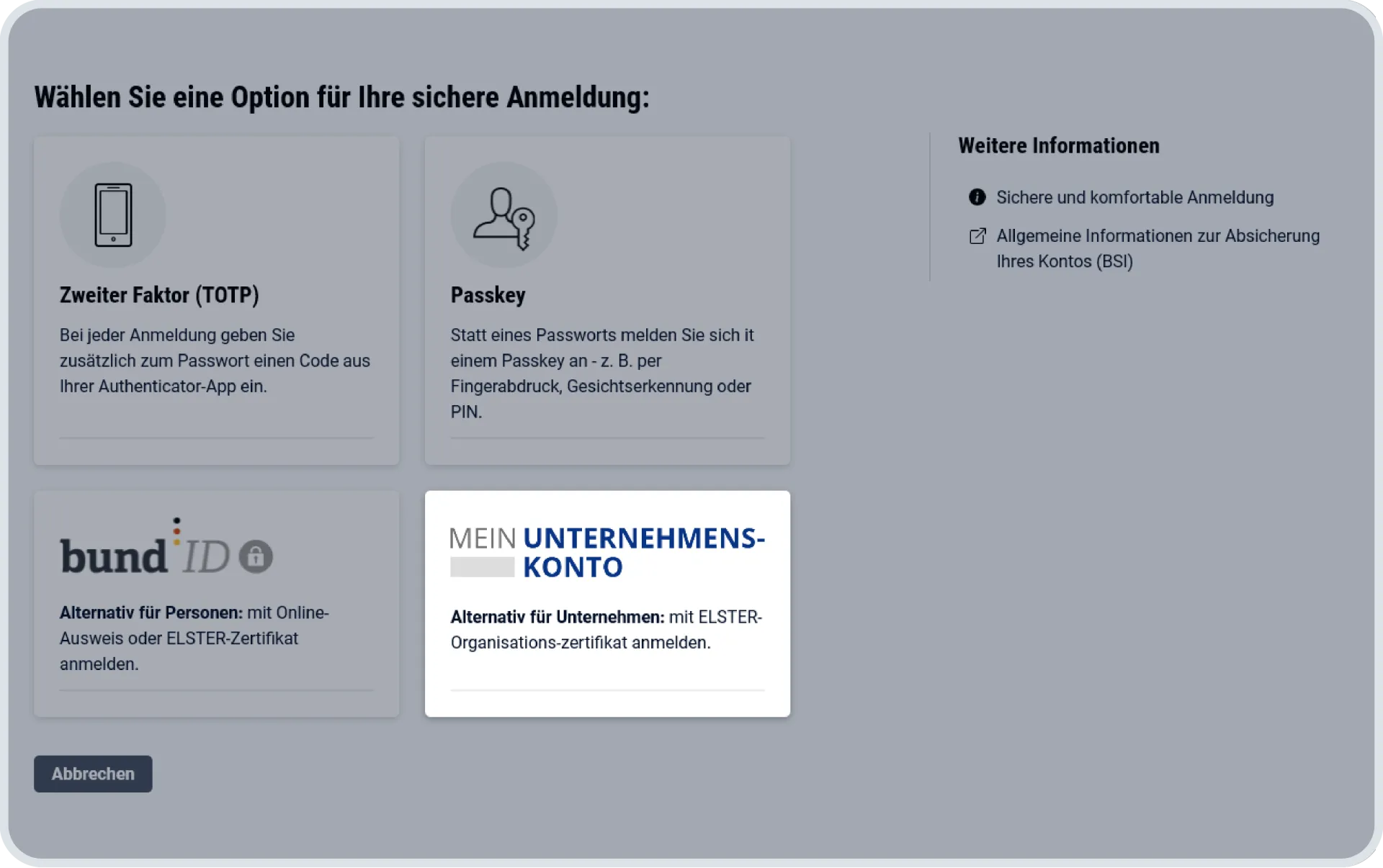 Der Screenshot zeigt die verschiedenen Optionen zur Anmeldung. Mit ELSTER-Organisationszertifikat anmelden ist markiert.