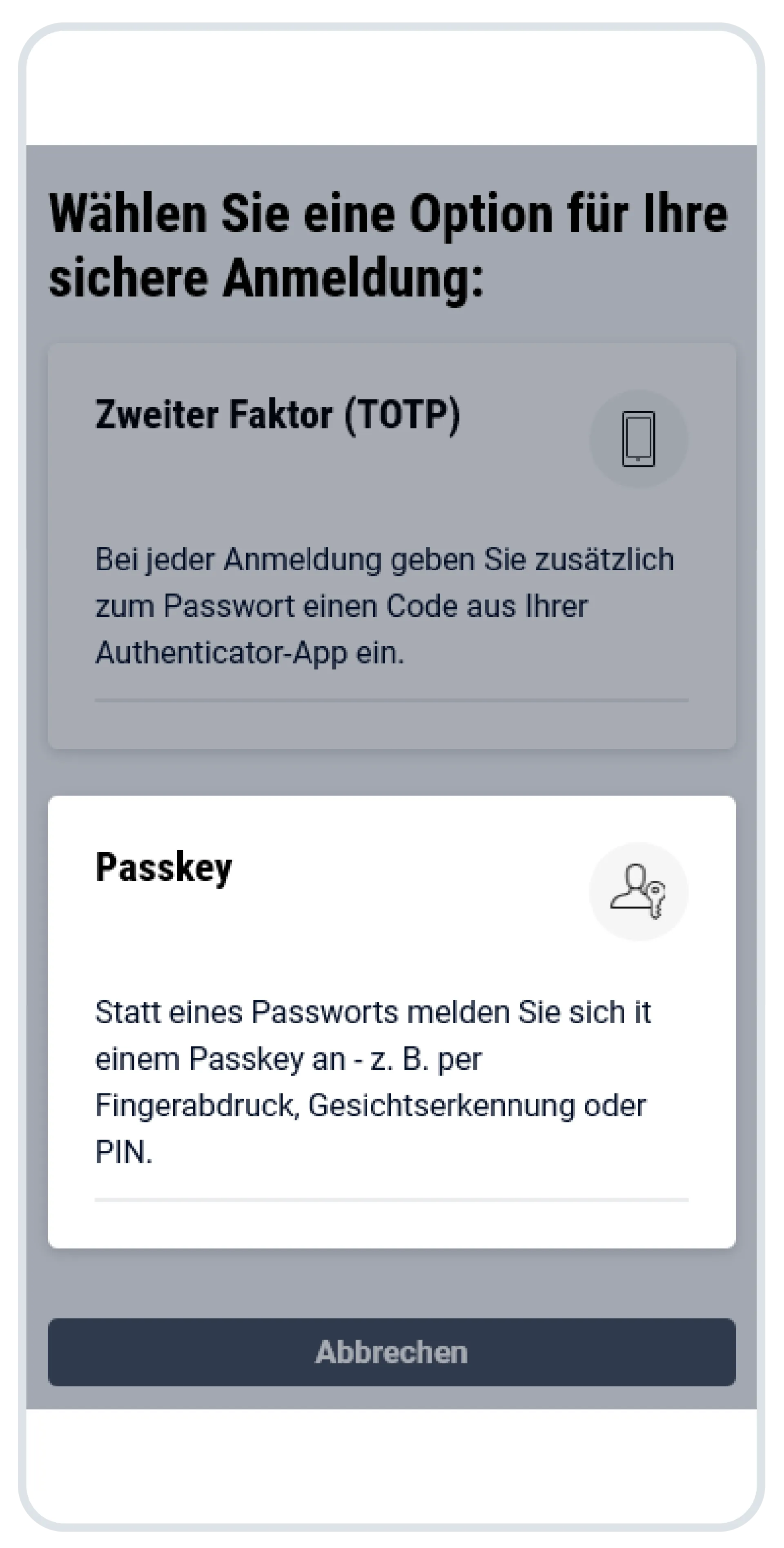Im Screenshot ist die Auswahl Passkey markiert.