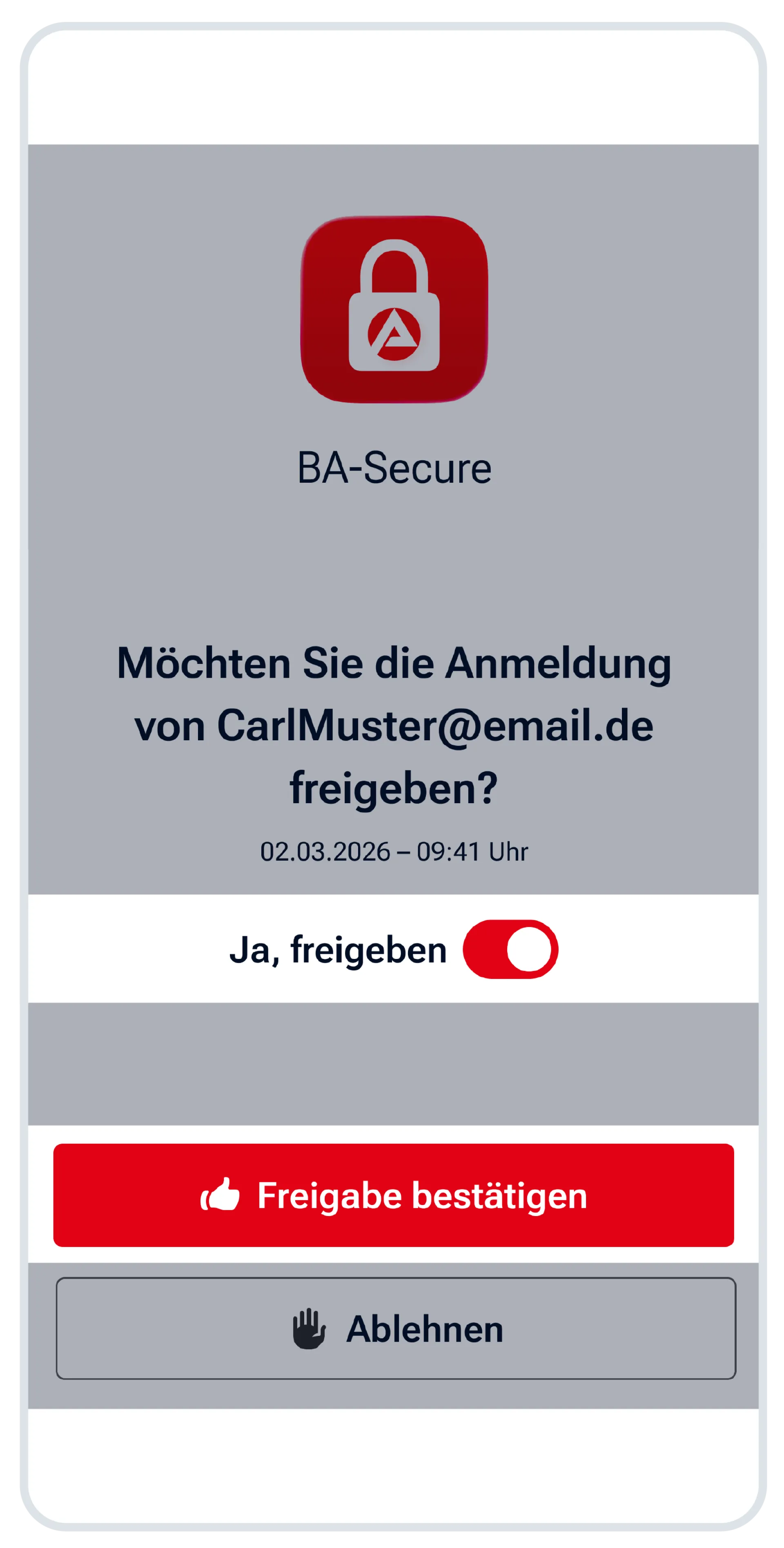 Aktivieren Sie den Schalter neben „Ja, freigeben“ und bestätigen Sie Ihre Anmeldung mit dem Button „Freigabe bestätigen“.
