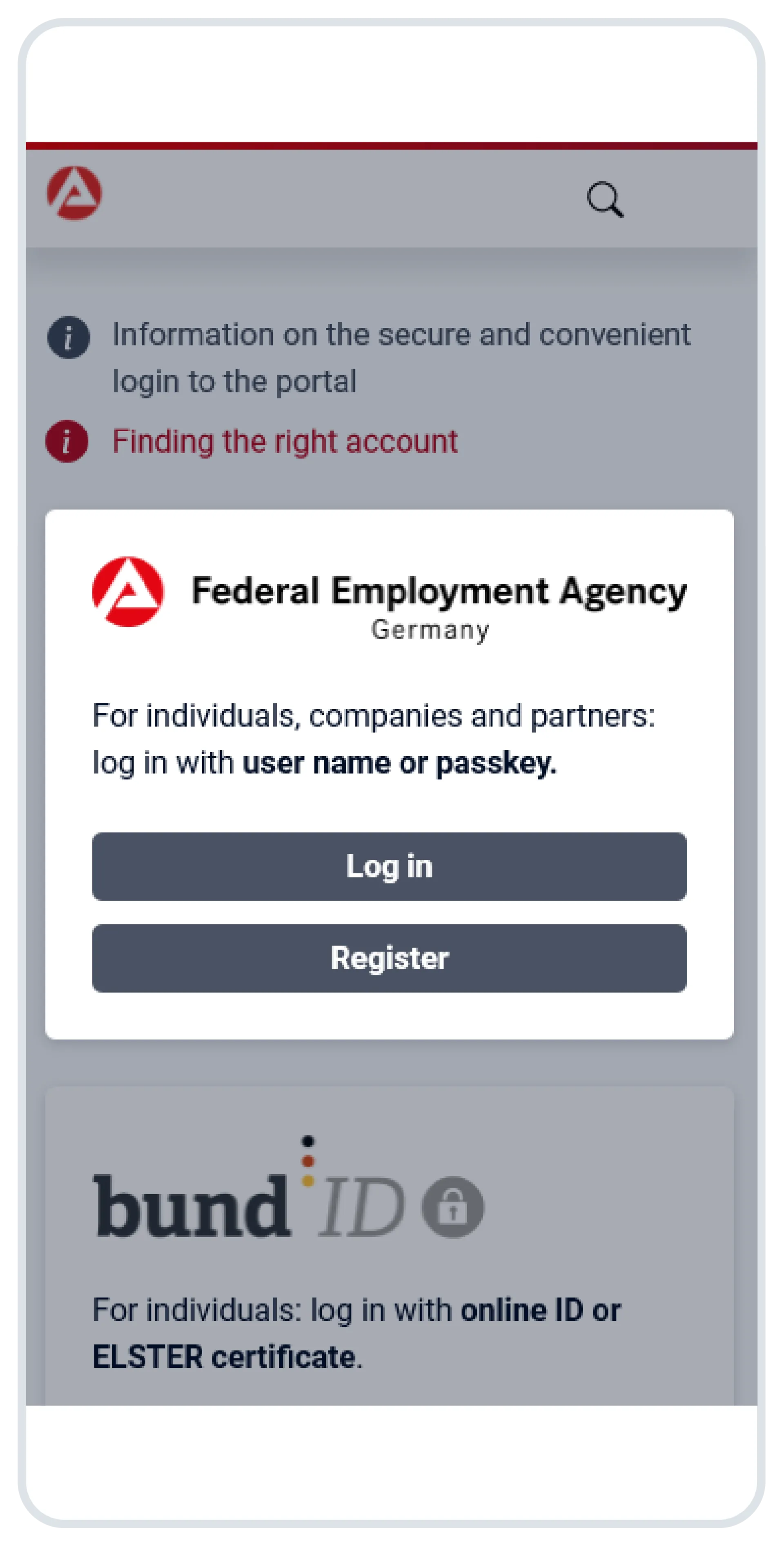 Screenshot: The login page. The area with the Federal Employment Agency logo is highlighted.