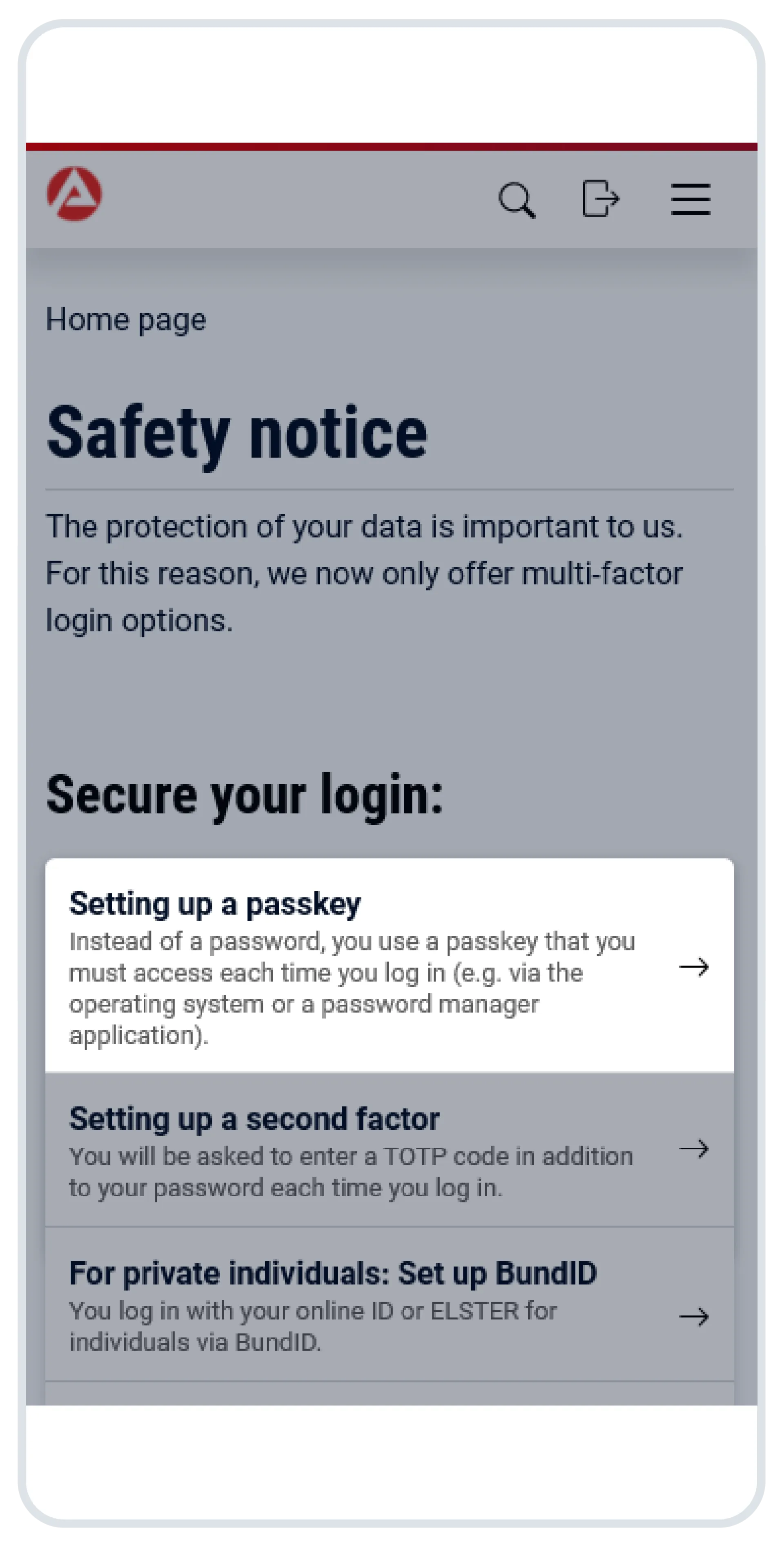 Screenshot: Account settings. The item ‘Setting up a passkey’ is highlighted.