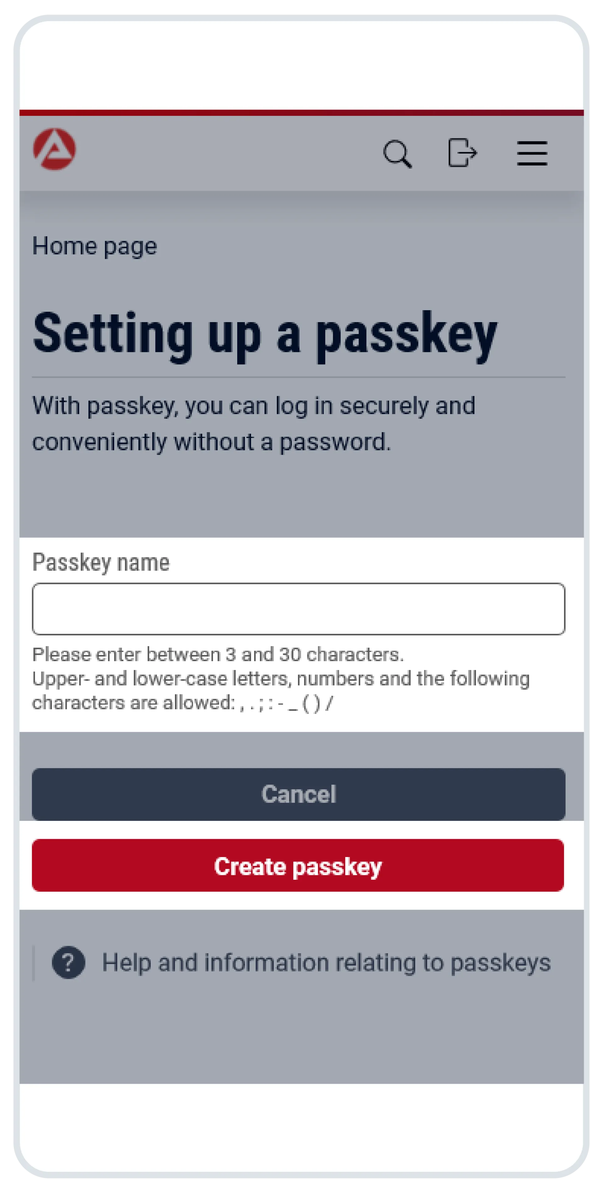 Screenshot: Setting up a passkey