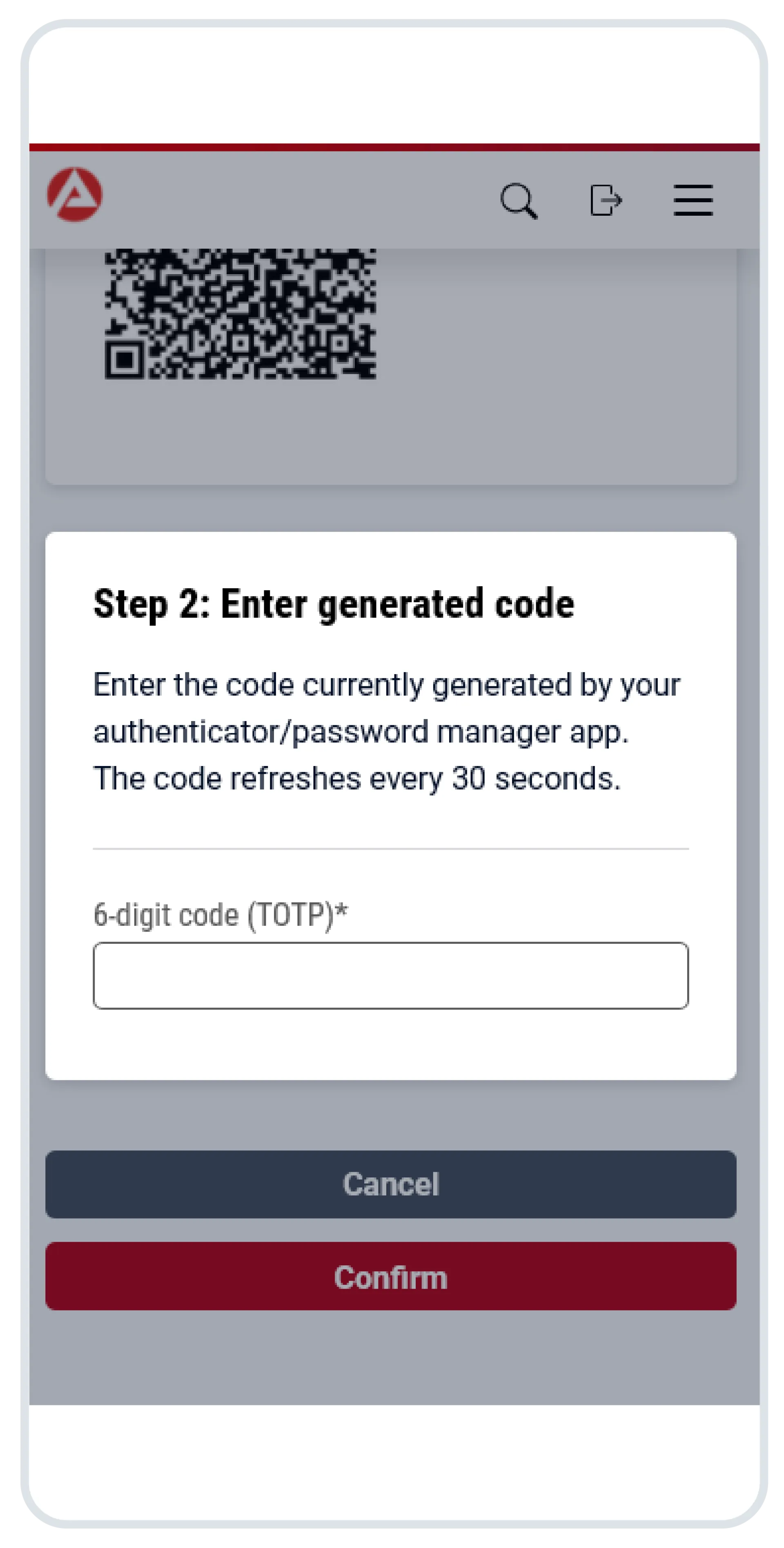 Screenshot: Step 2 Enter the TOTP code generated